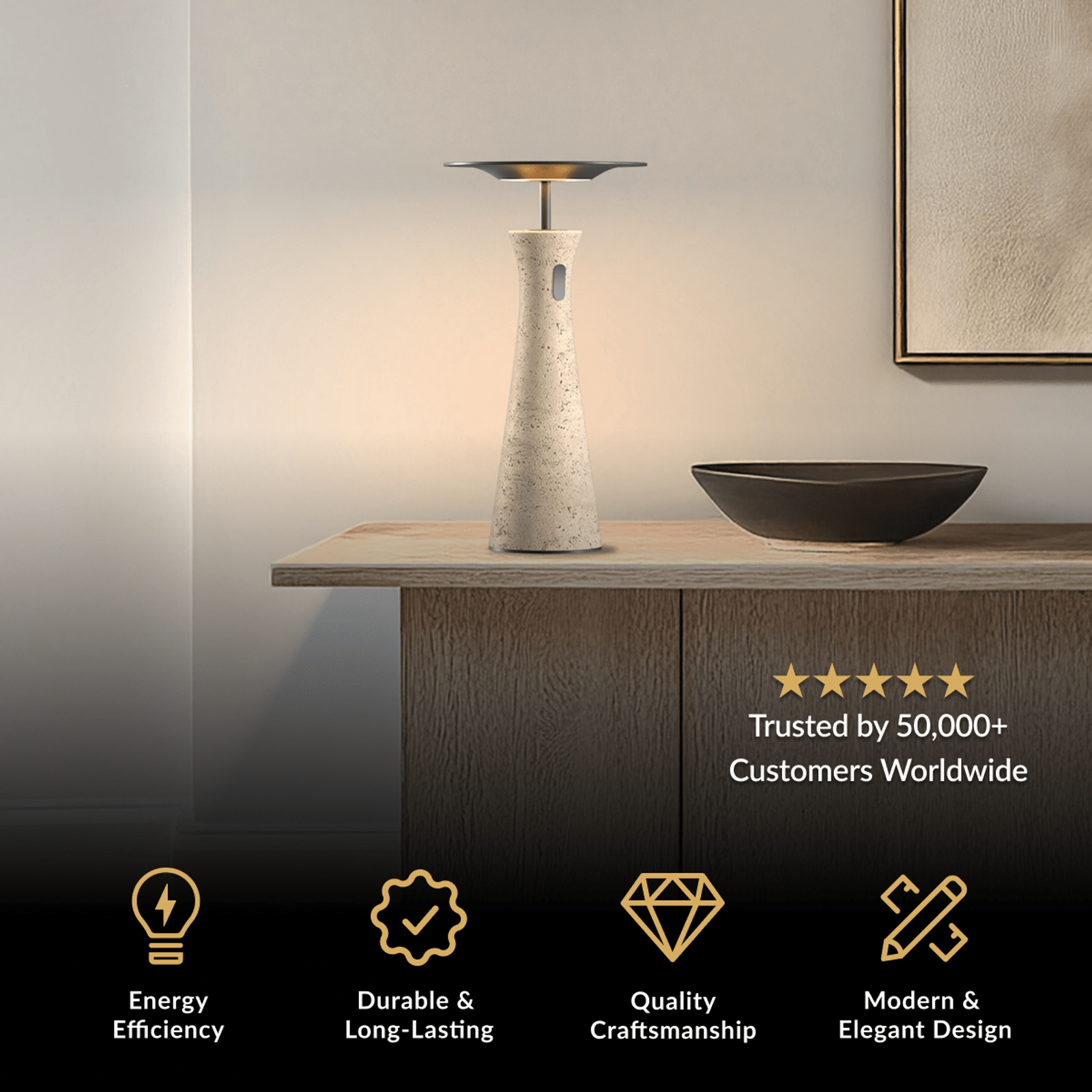 Dara rechargeable table lamp, gold tray-top on a tapered ribbed travertine stone base