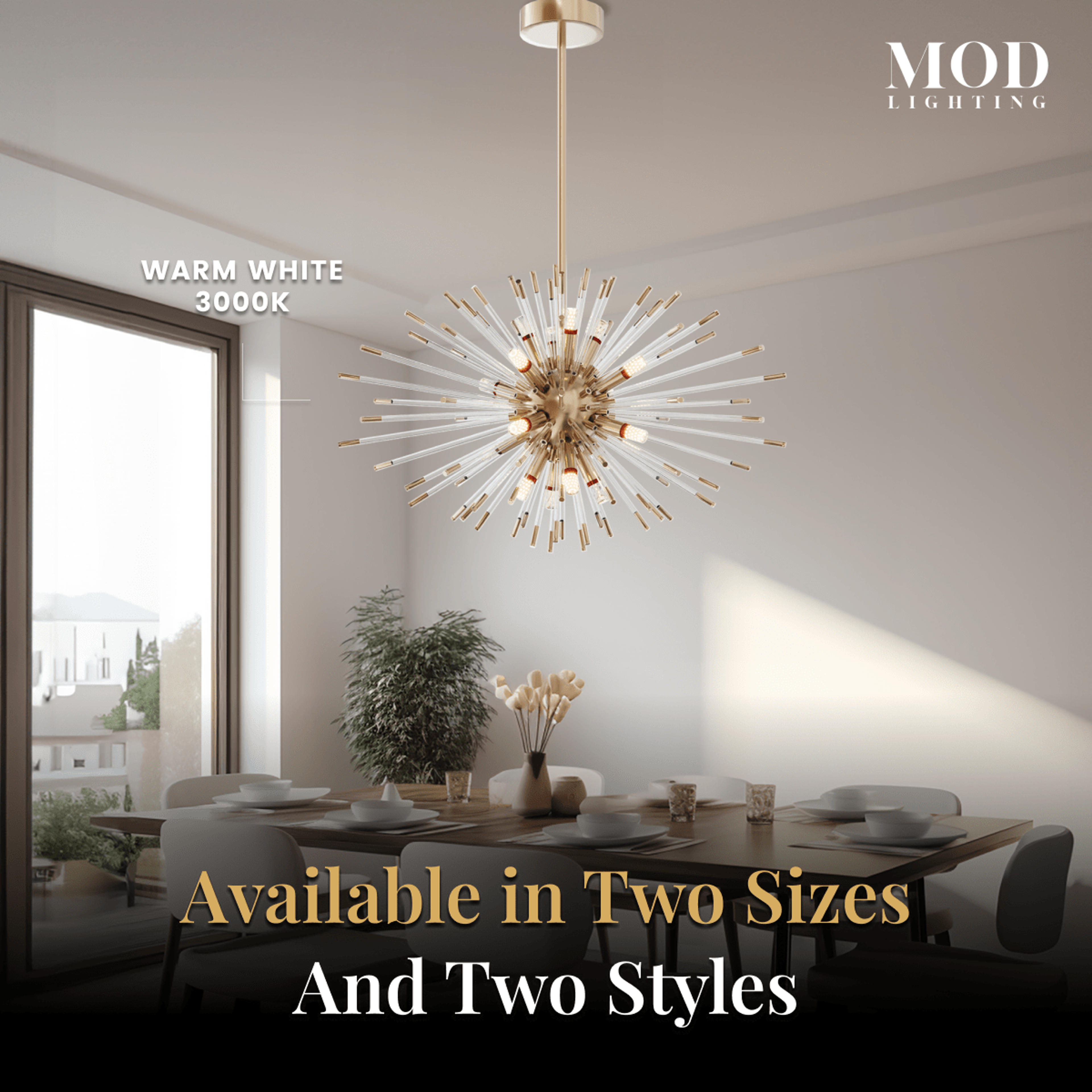 Pixie gold sputnik chandelier in warm-white 3000K over a dining table, noting two sizes and two styles