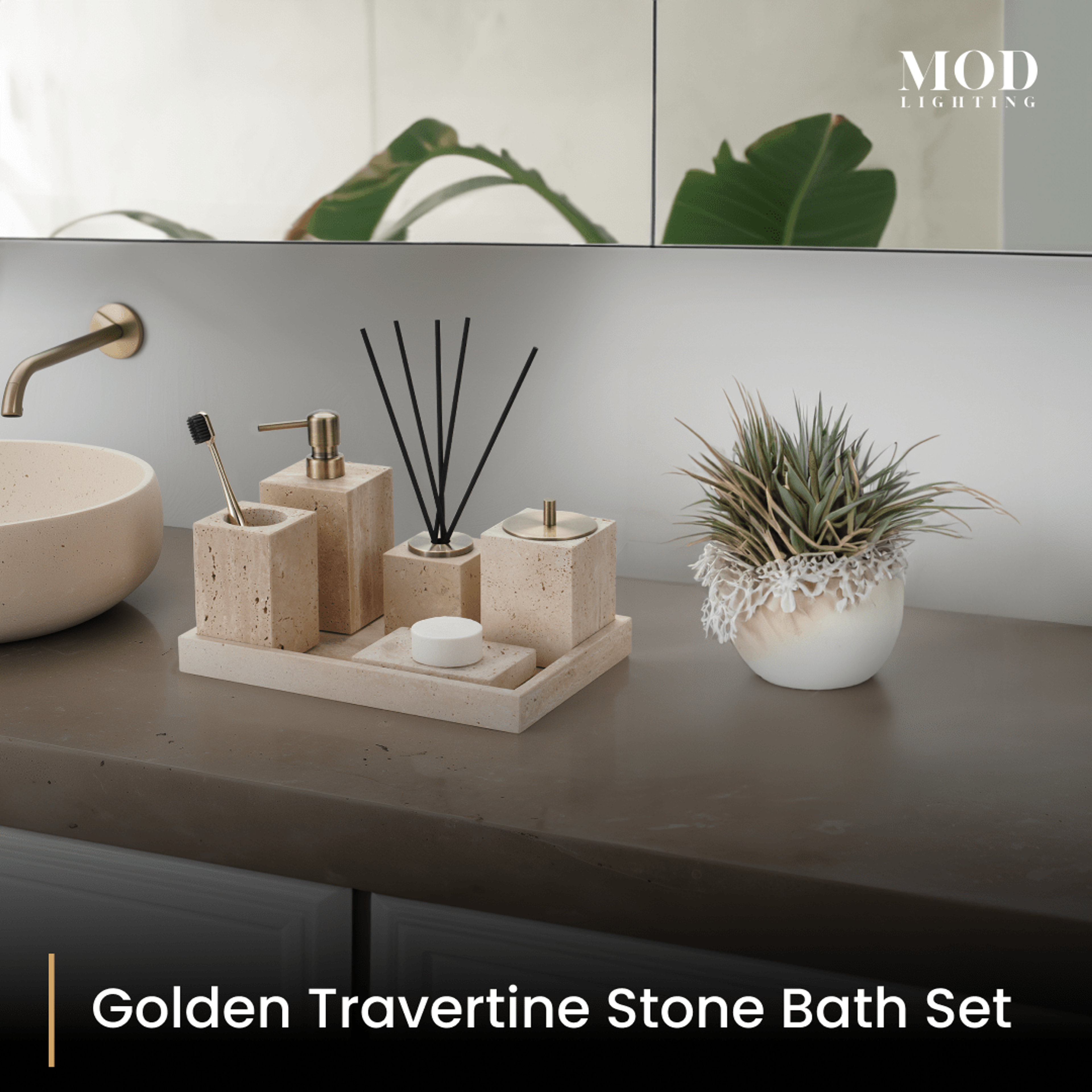 Golden Travertine Stone Bath Set styled on a warm concrete vanity beside a round basin and greenery