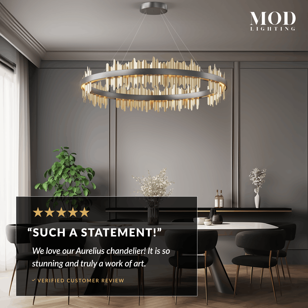 Aurelius chandelier, tiered gold-and-crystal ring suspended above a dining table