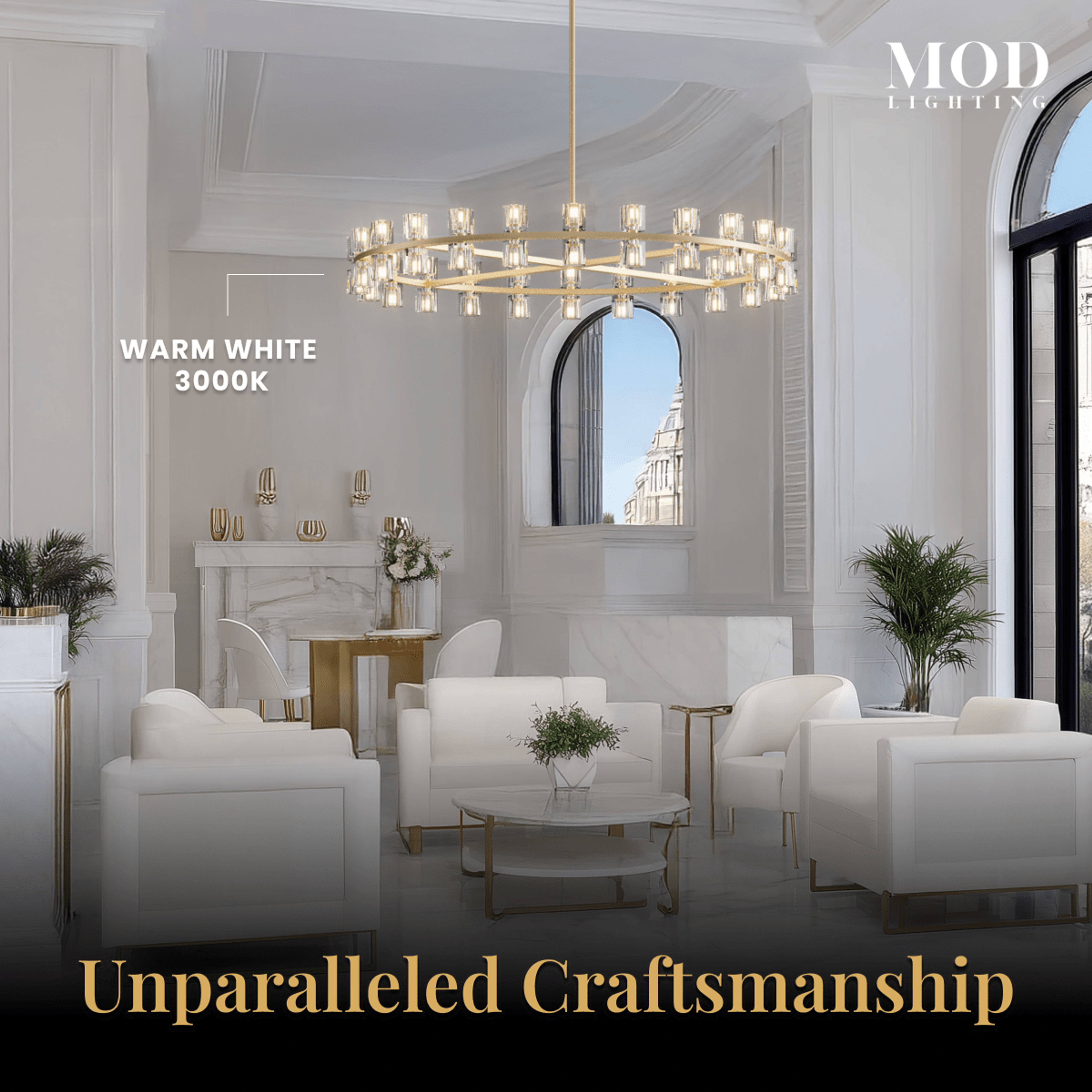 Sunrise brushed-gold ring chandelier with cube-cut crystal shades over a white seating area, warm-white glow