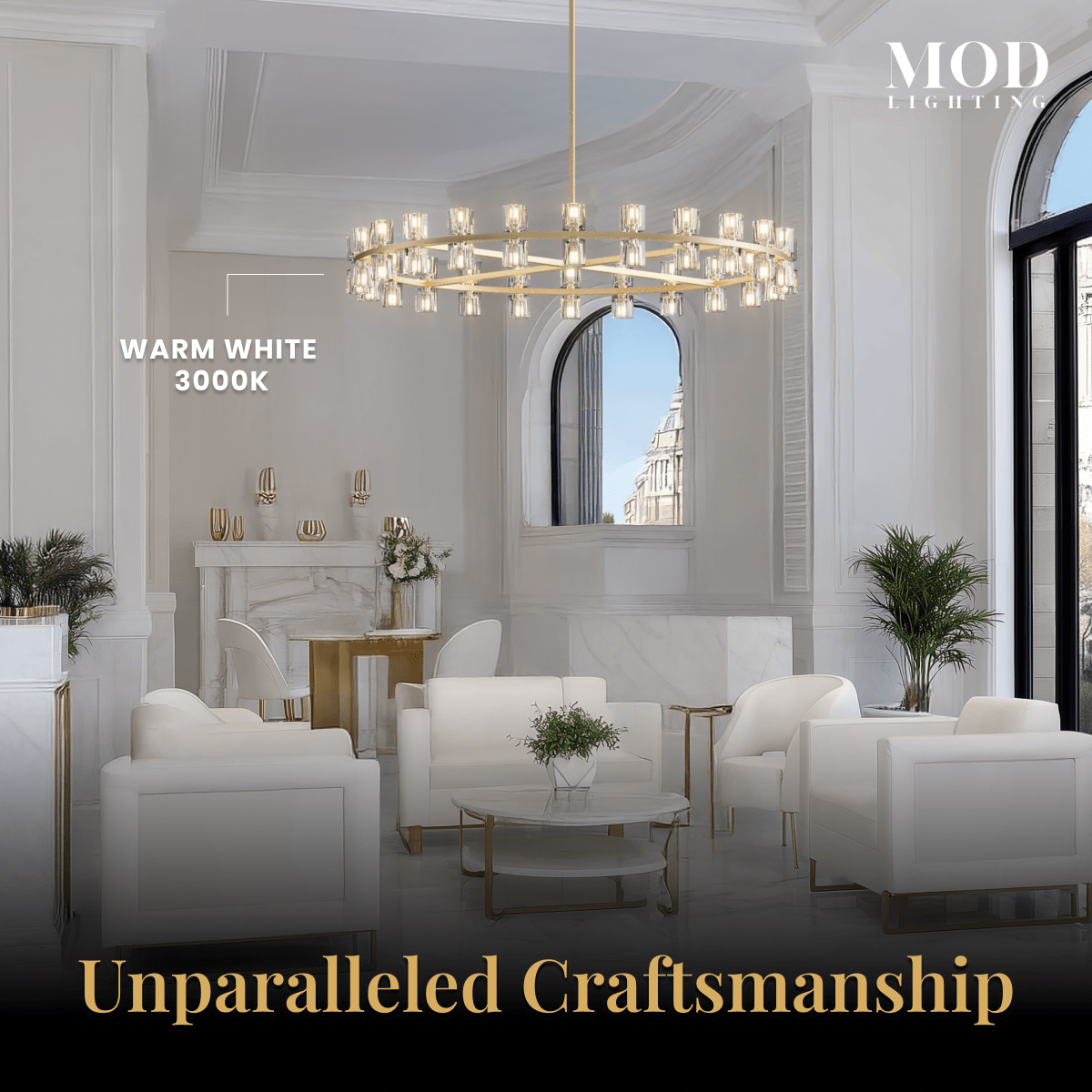 Sunrise brushed-gold ring chandelier with cube-cut crystal shades over a white seating area, warm-white glow