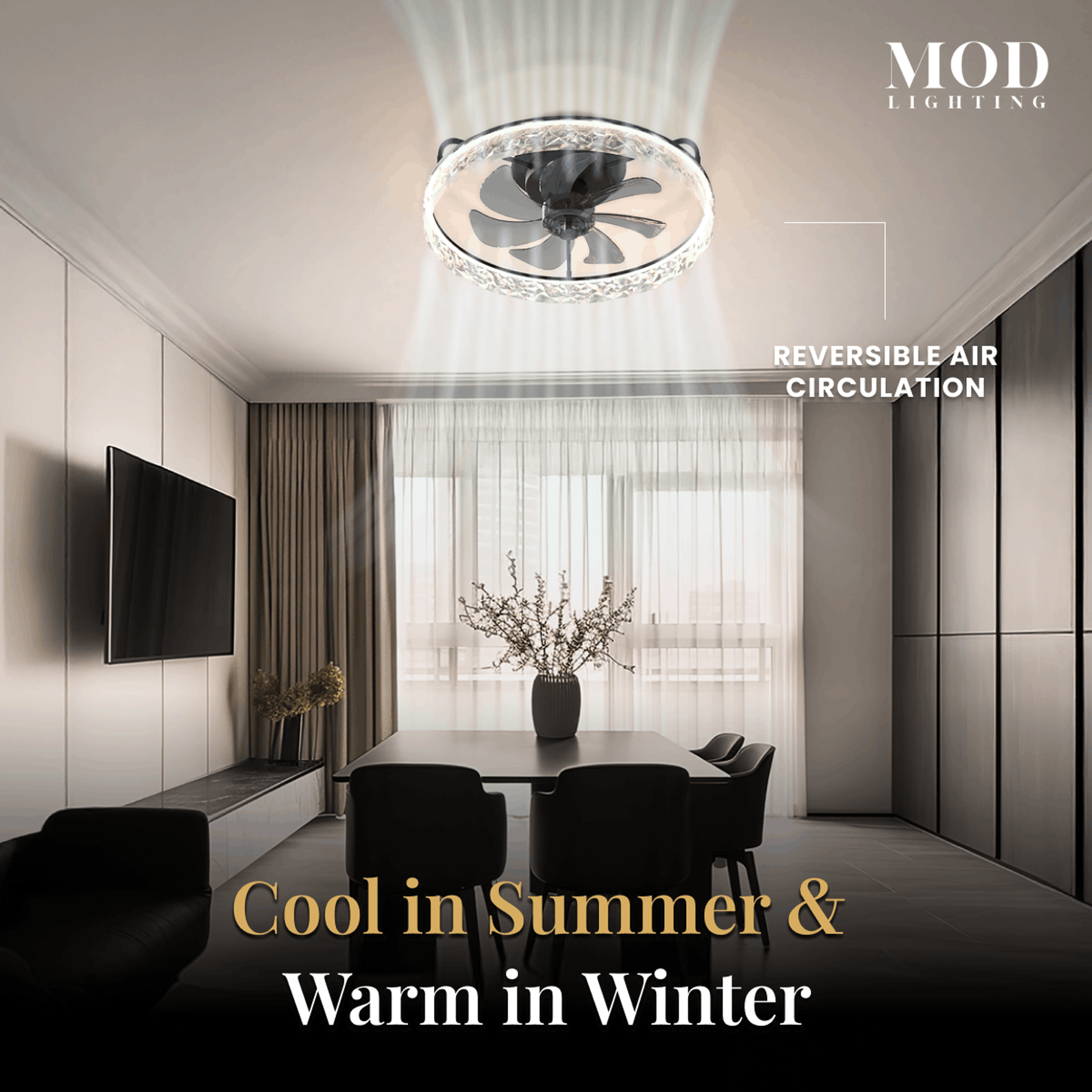 Ventara crystal-ring ceiling fan light in a dining room, noting reversible air circulation for year-round use