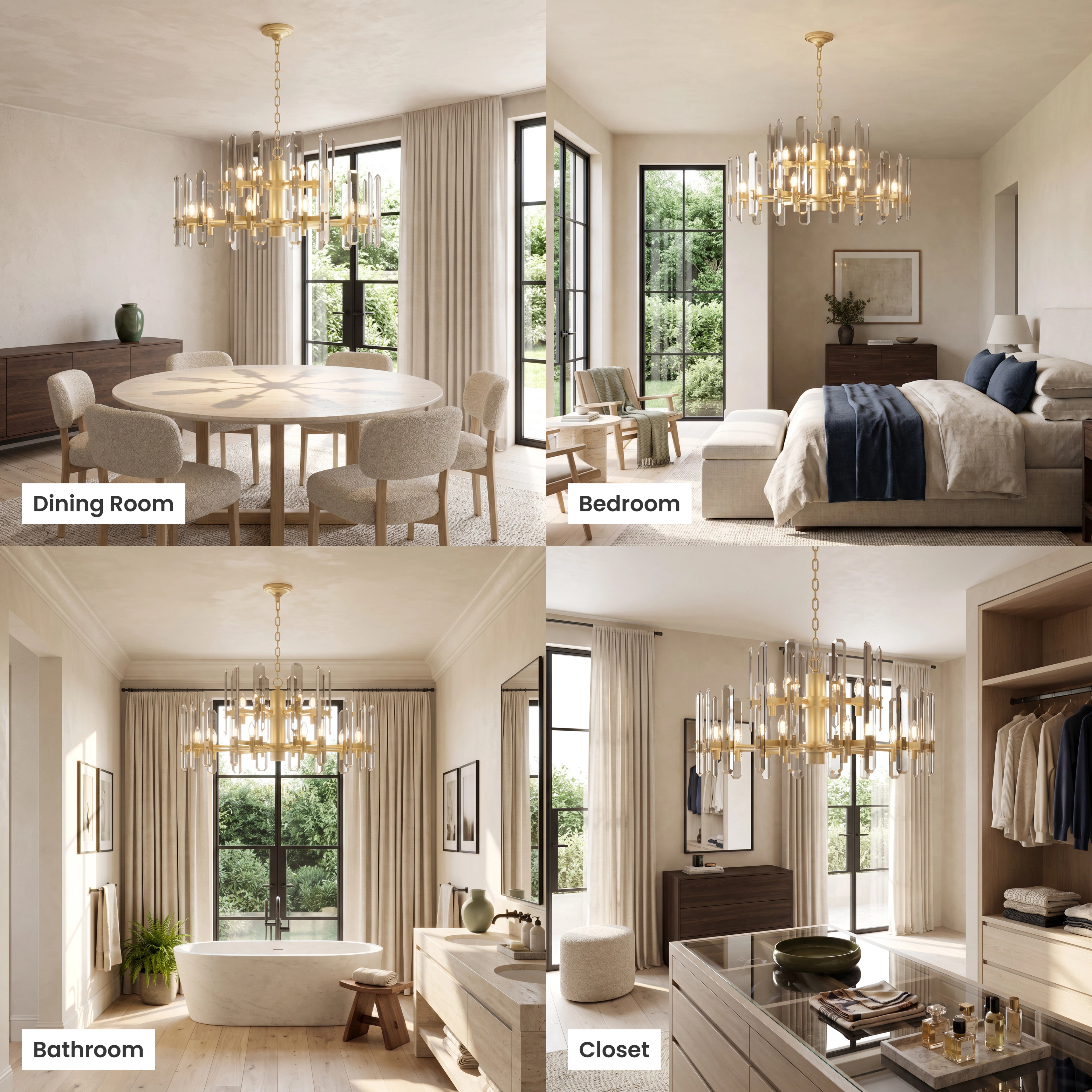 Prism brushed-gold drum chandelier with vertical faceted crystal bars, in living, dining, bedroom and commercial spaces