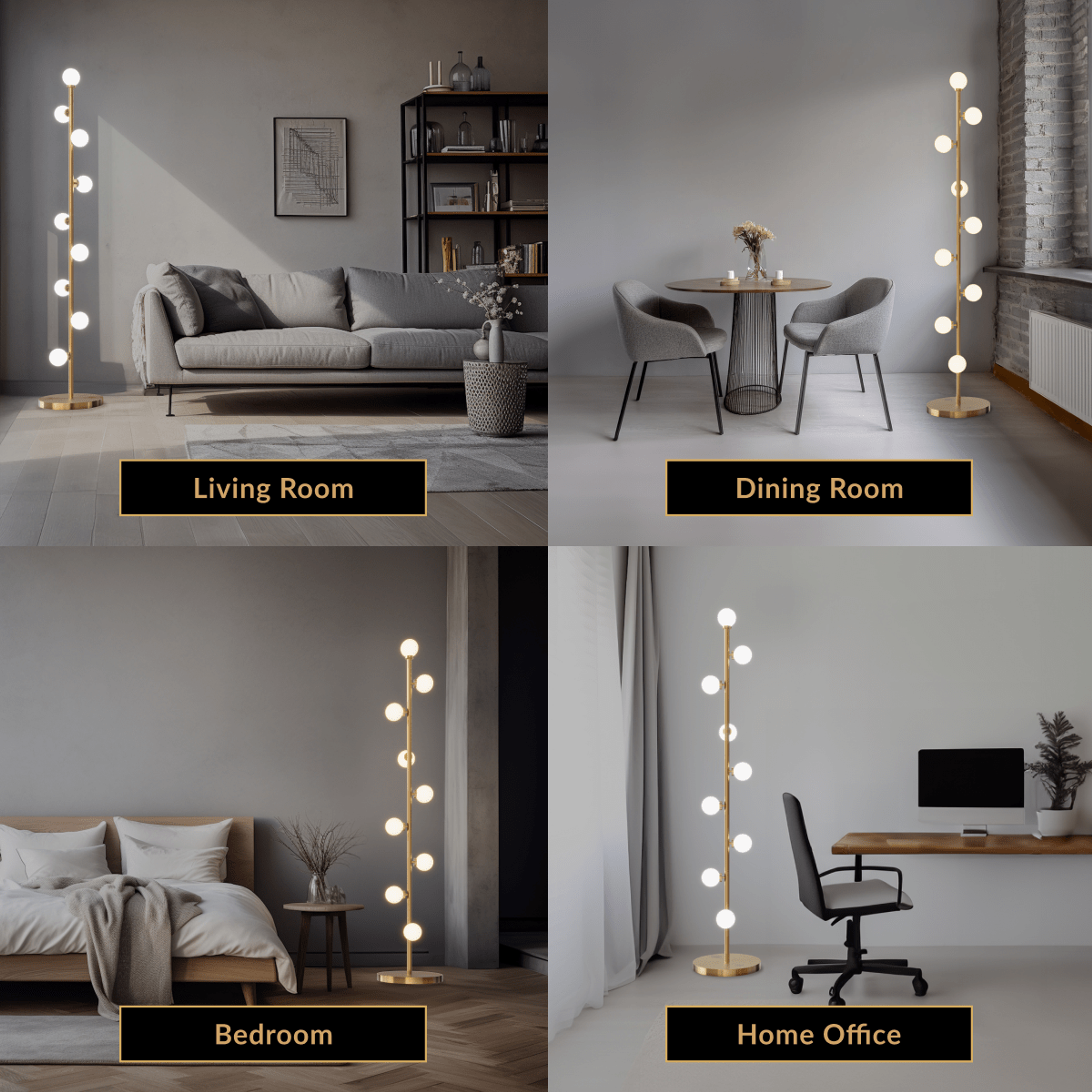 Pearl floor lamp, slim gold stem strung with white glass globes beside a sofa, bed and desk