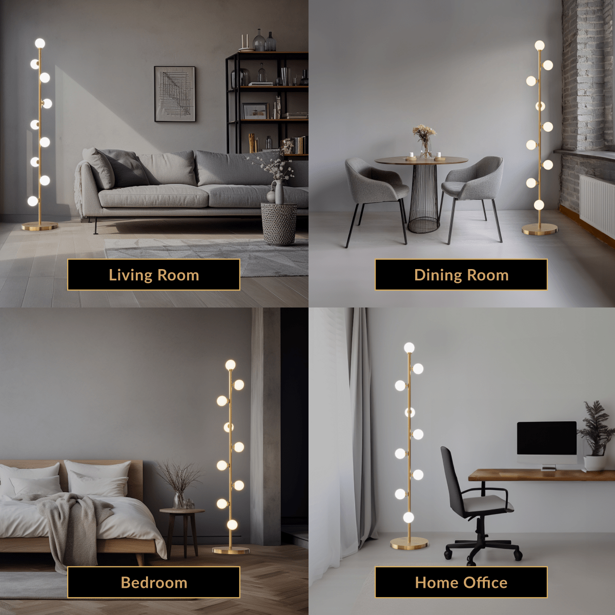Pearl floor lamp, slim gold stem strung with white glass globes beside a sofa, bed and desk