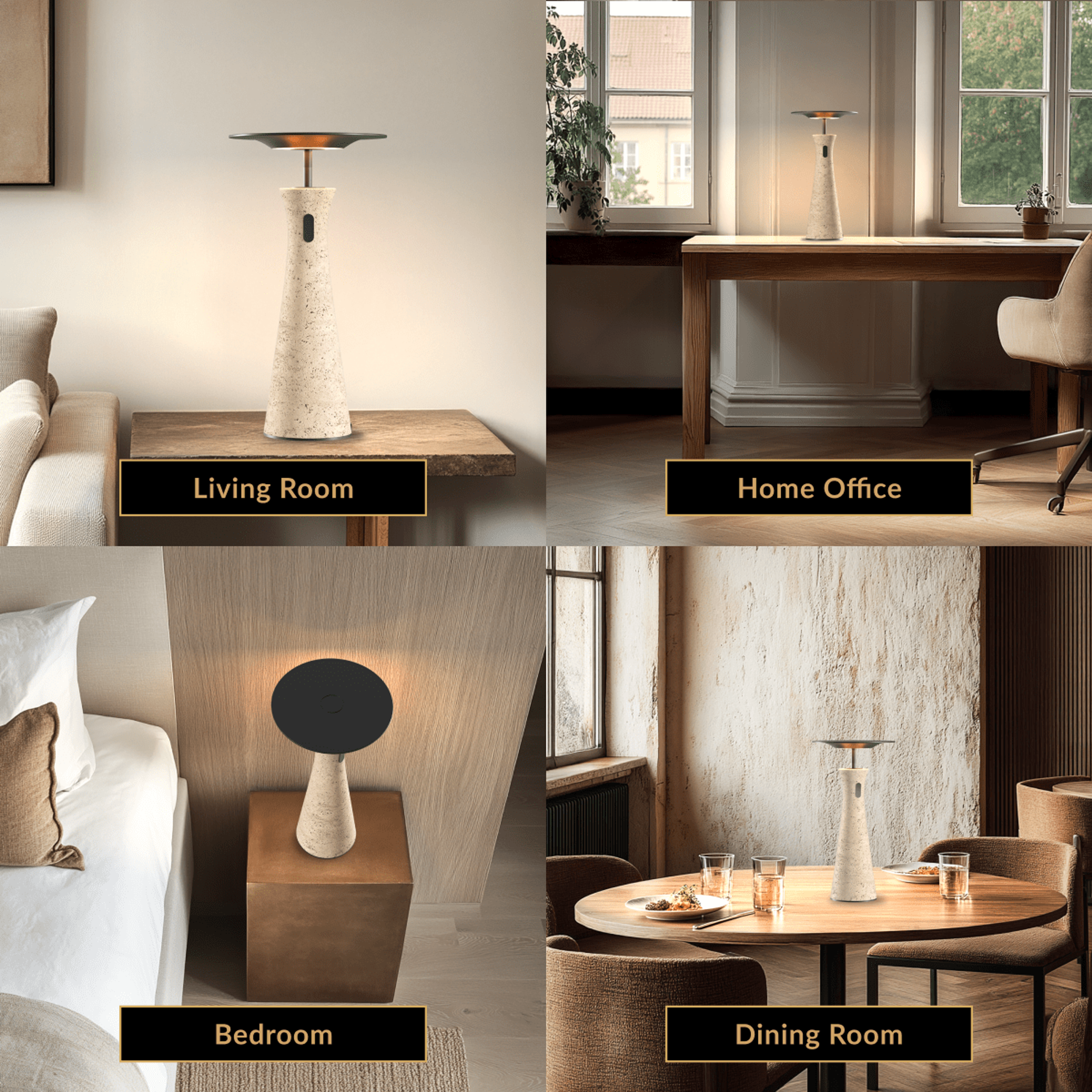 Dara travertine stone table lamp shown across four rooms: living room, home office, bedroom and dining room