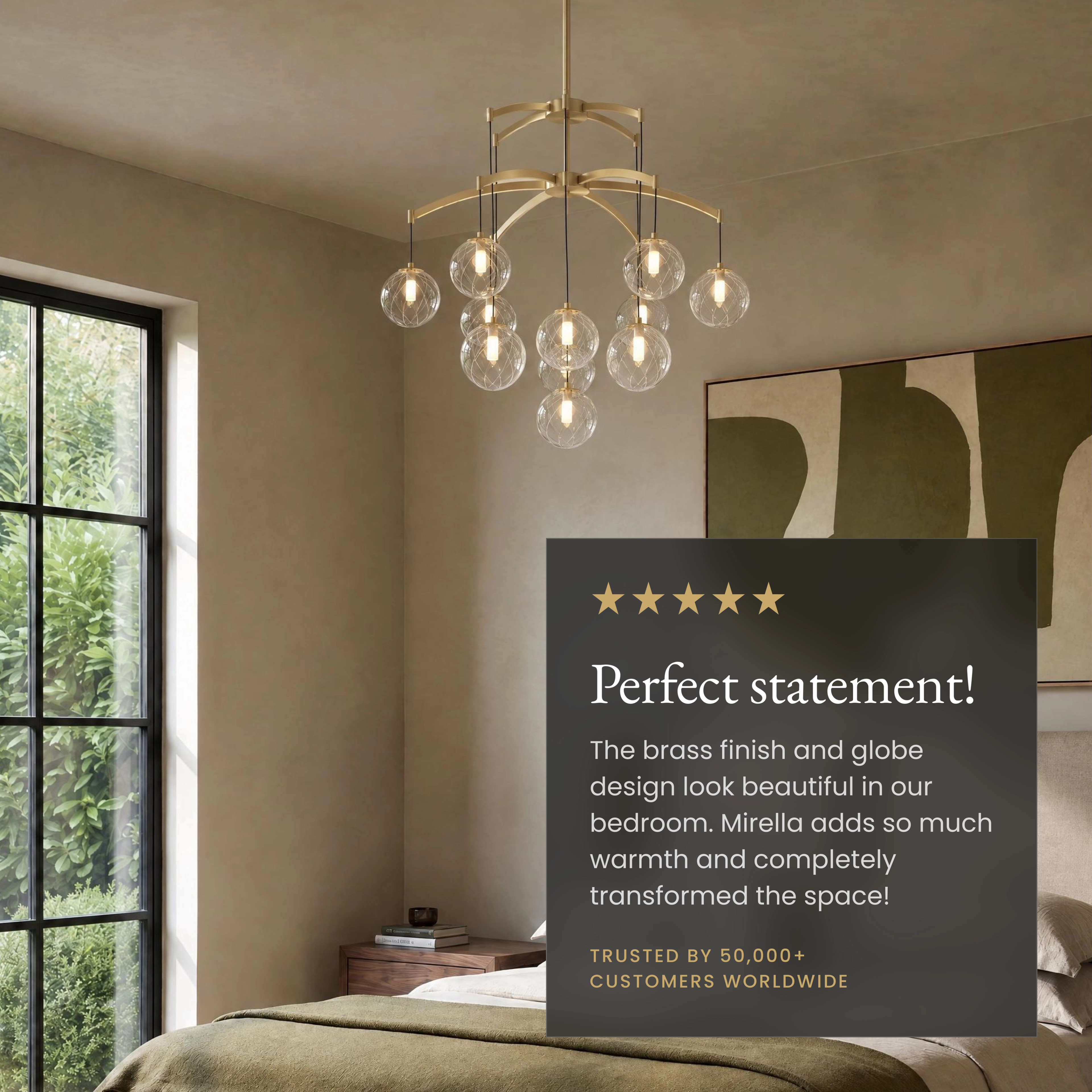 Mirella brushed-gold chandelier with amber glass globes over a living room; notes solid brass and replaceable LED bulbs