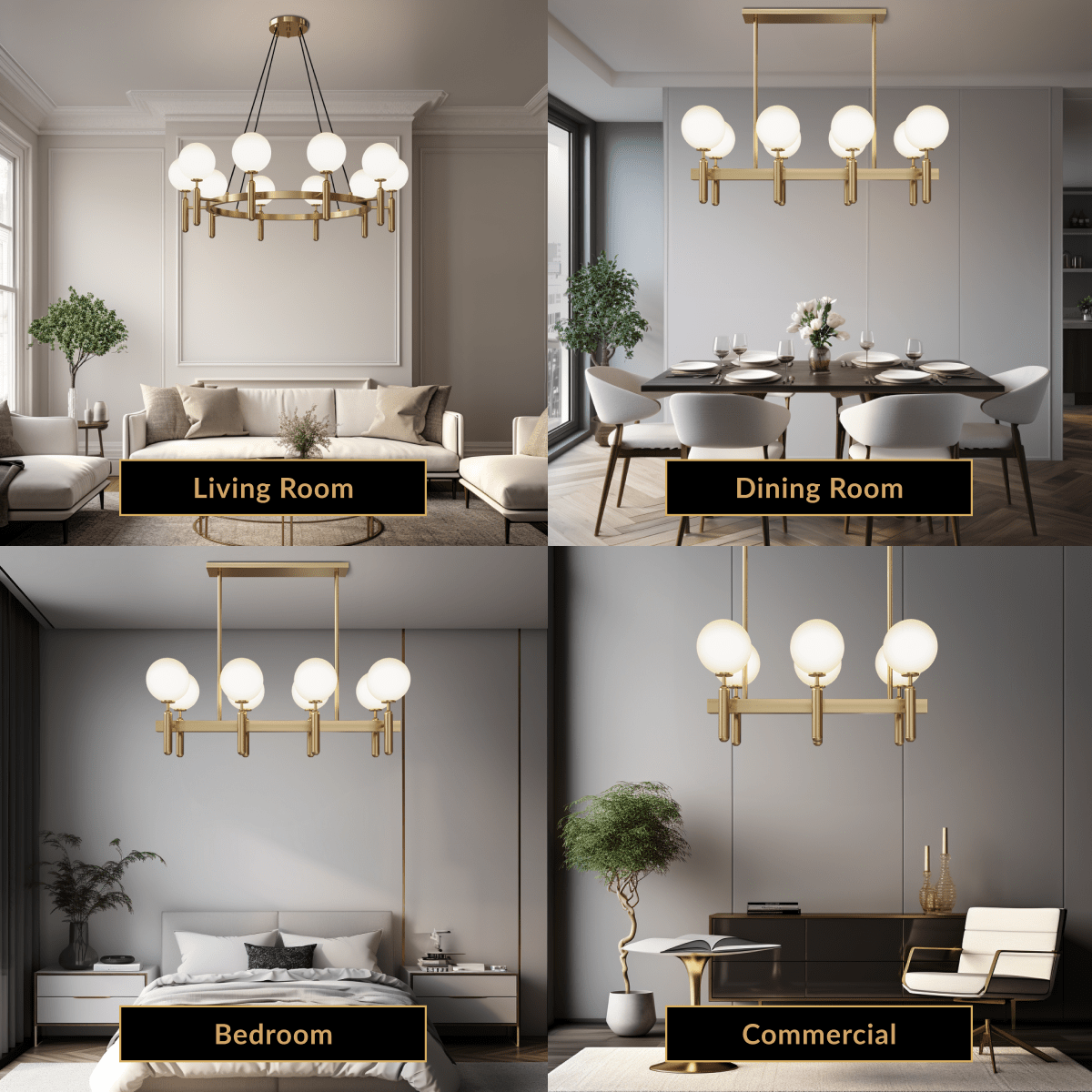 Angelica gold chandelier with white opal-glass globes shown in living, dining, bedroom and commercial rooms