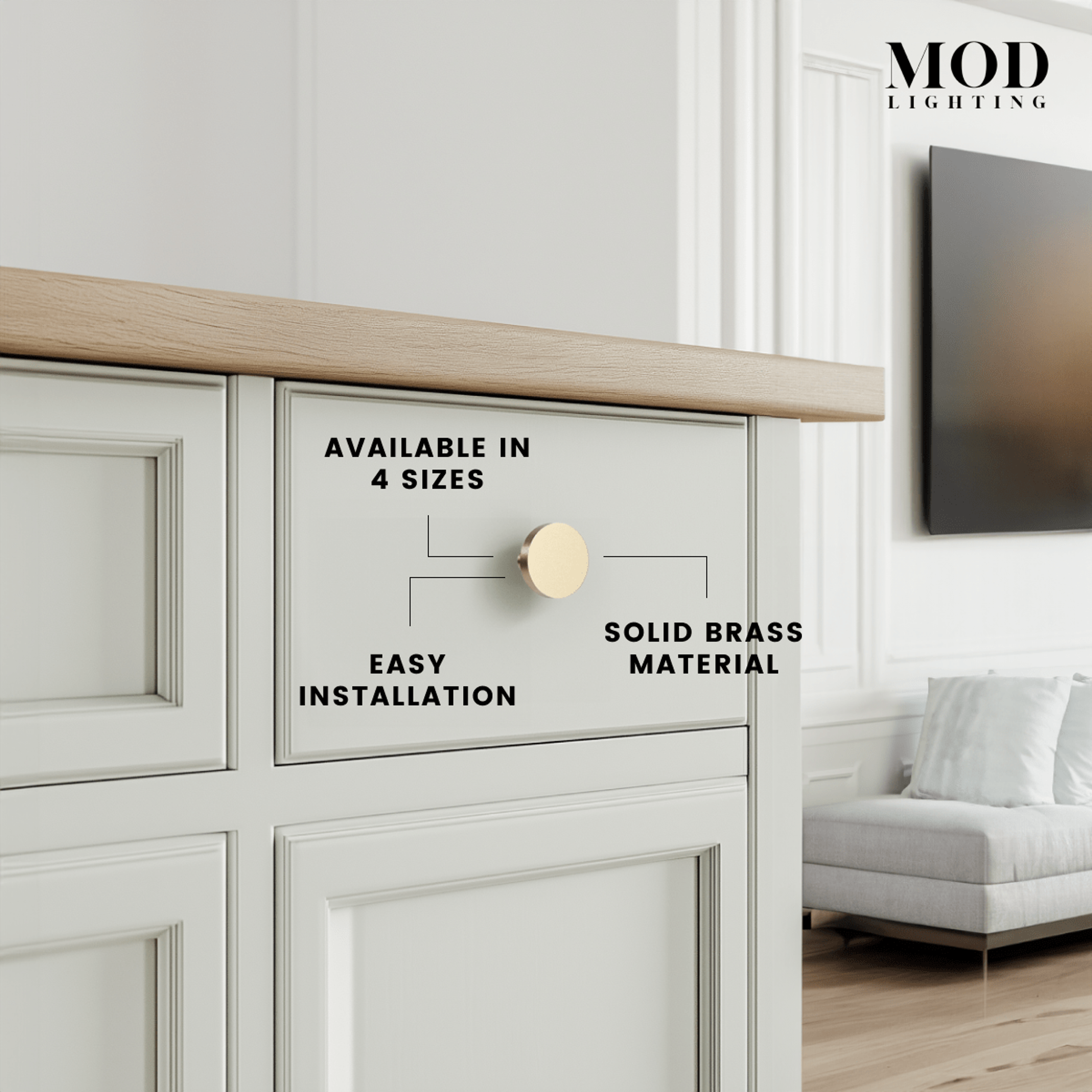 Balmuto brushed-gold flat round cabinet knob shown on cabinets in living room, kitchen, closet and drawer settings