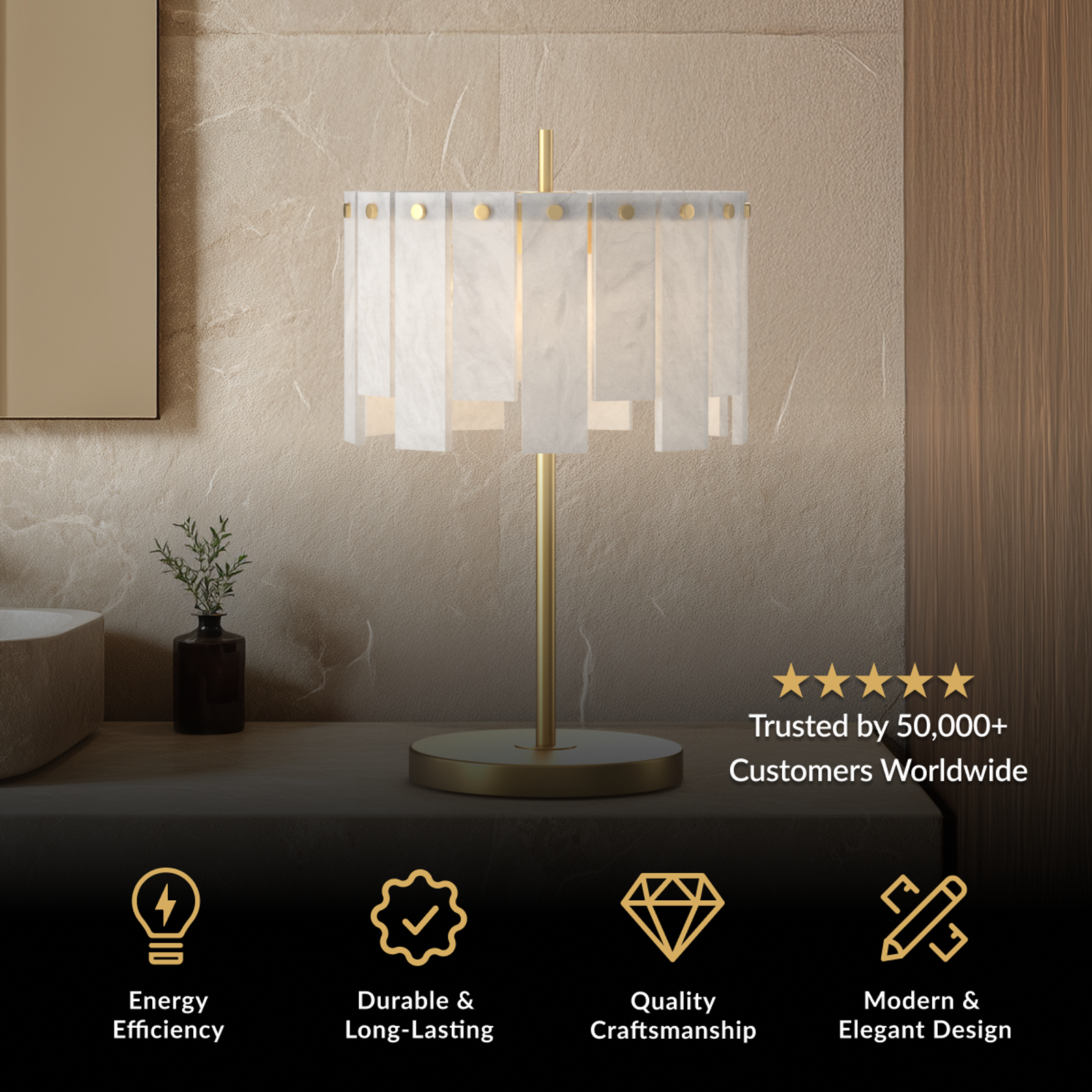 Velina alabaster table lamp, gold stem with a shade of white alabaster panels, on a console