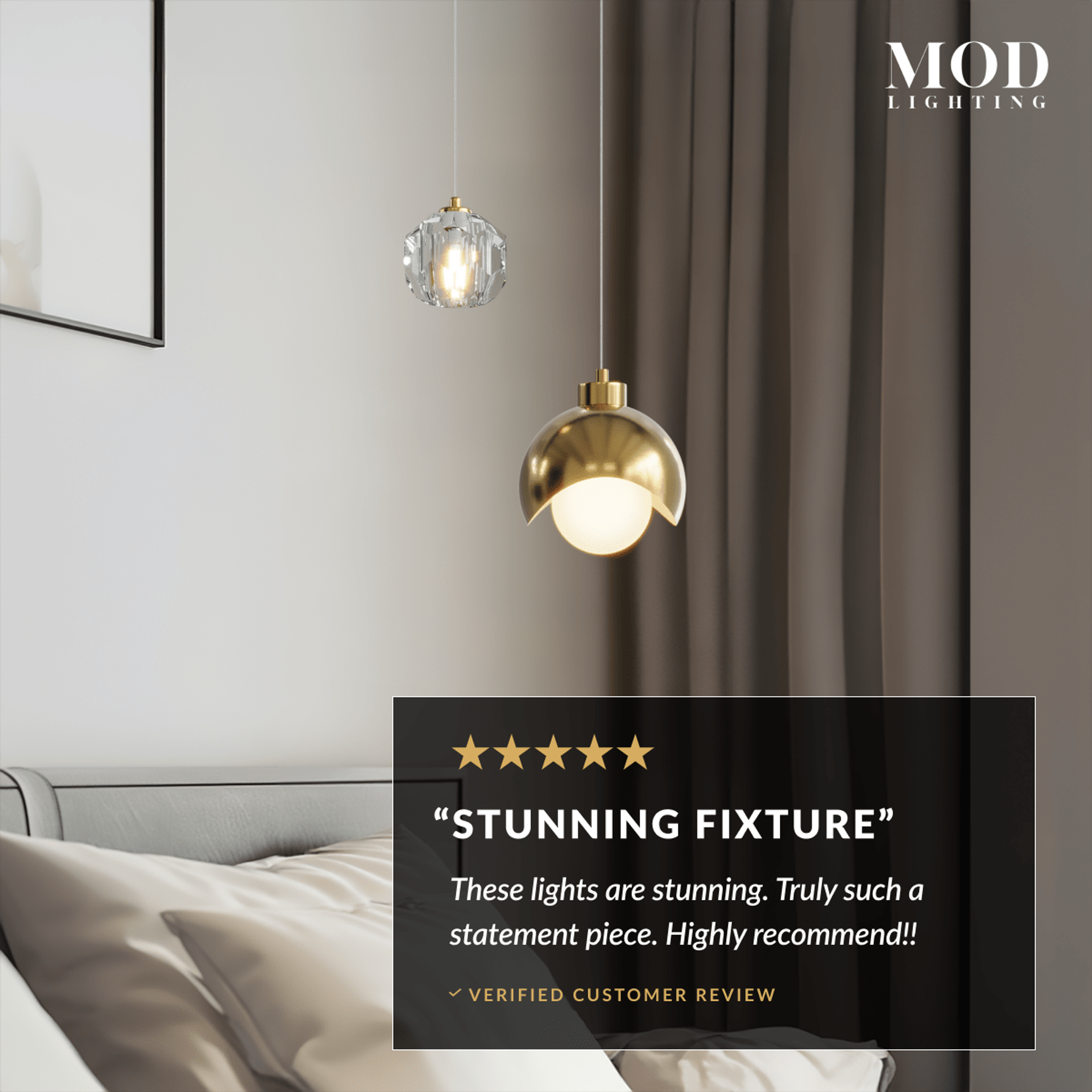 Diana gold globe and crystal pendants beside a bed, with a five-star verified customer review overlay