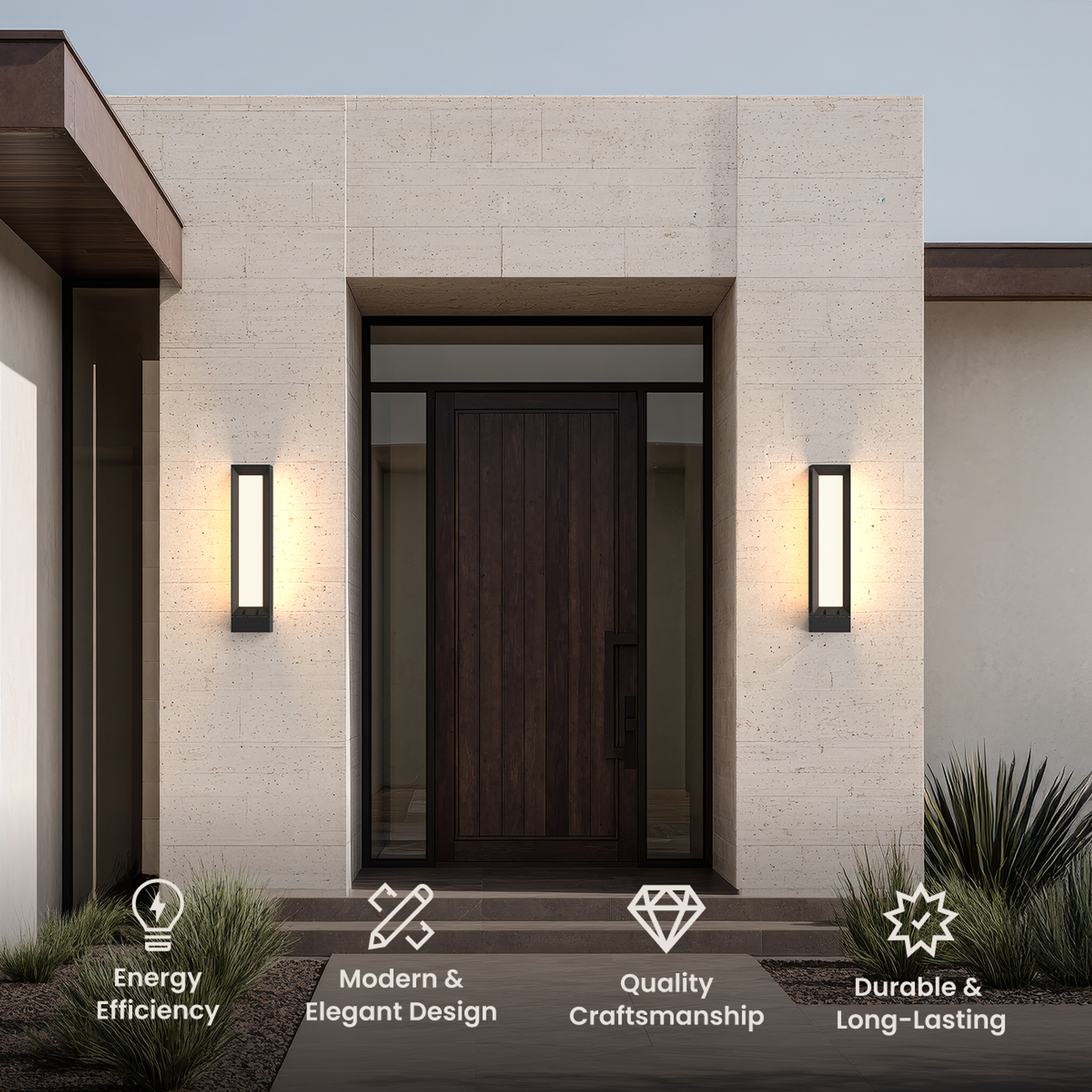 Haven, black rectangular up-and-down outdoor sconces flanking a door under a dark canopy