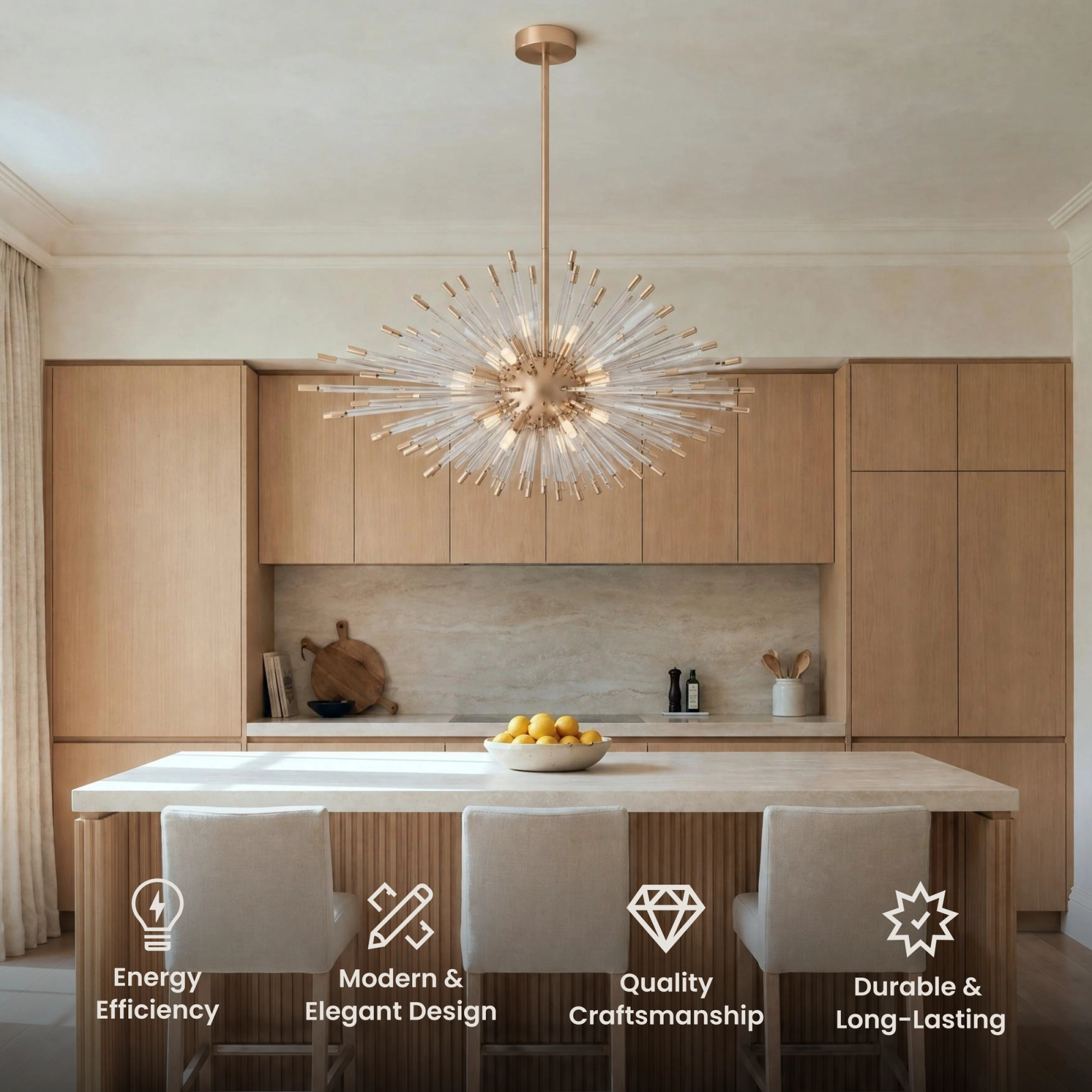 Pixie chandelier, gold sputnik burst of thin crystal rods radiating from a central sphere, in a living room
