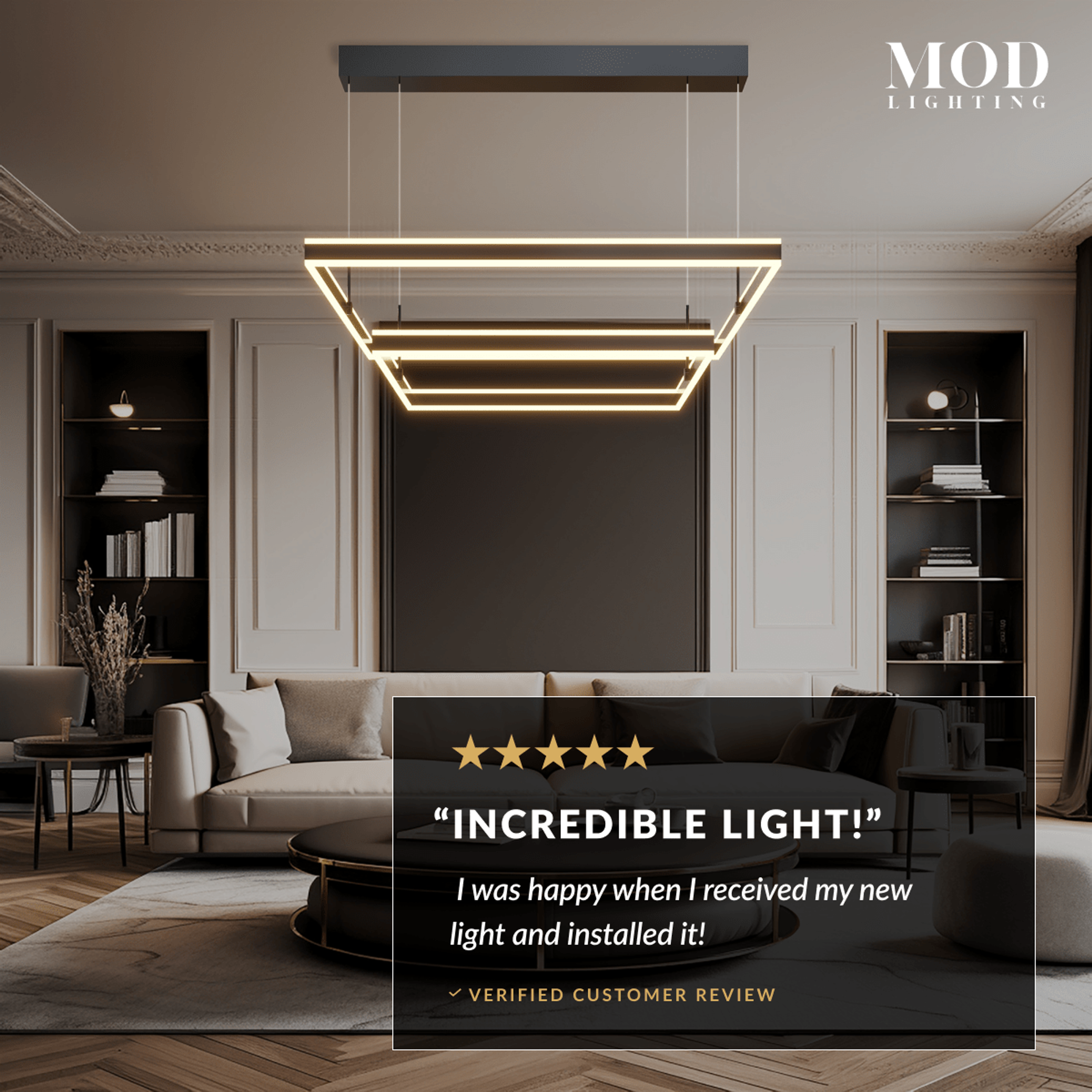 Arcade black tiered square LED chandelier in a living room, five-star review overlay