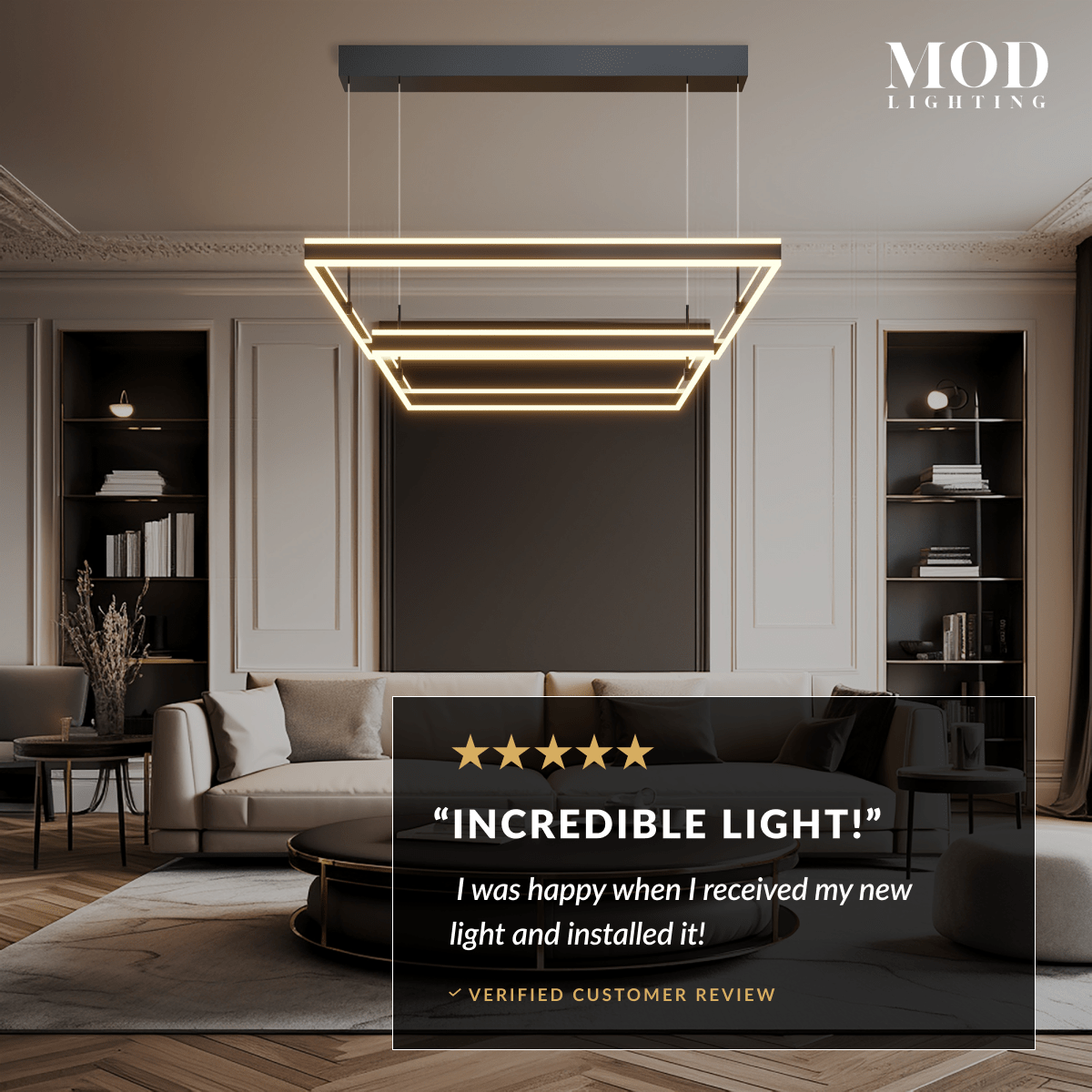 Arcade black tiered square LED chandelier in a living room, five-star review overlay