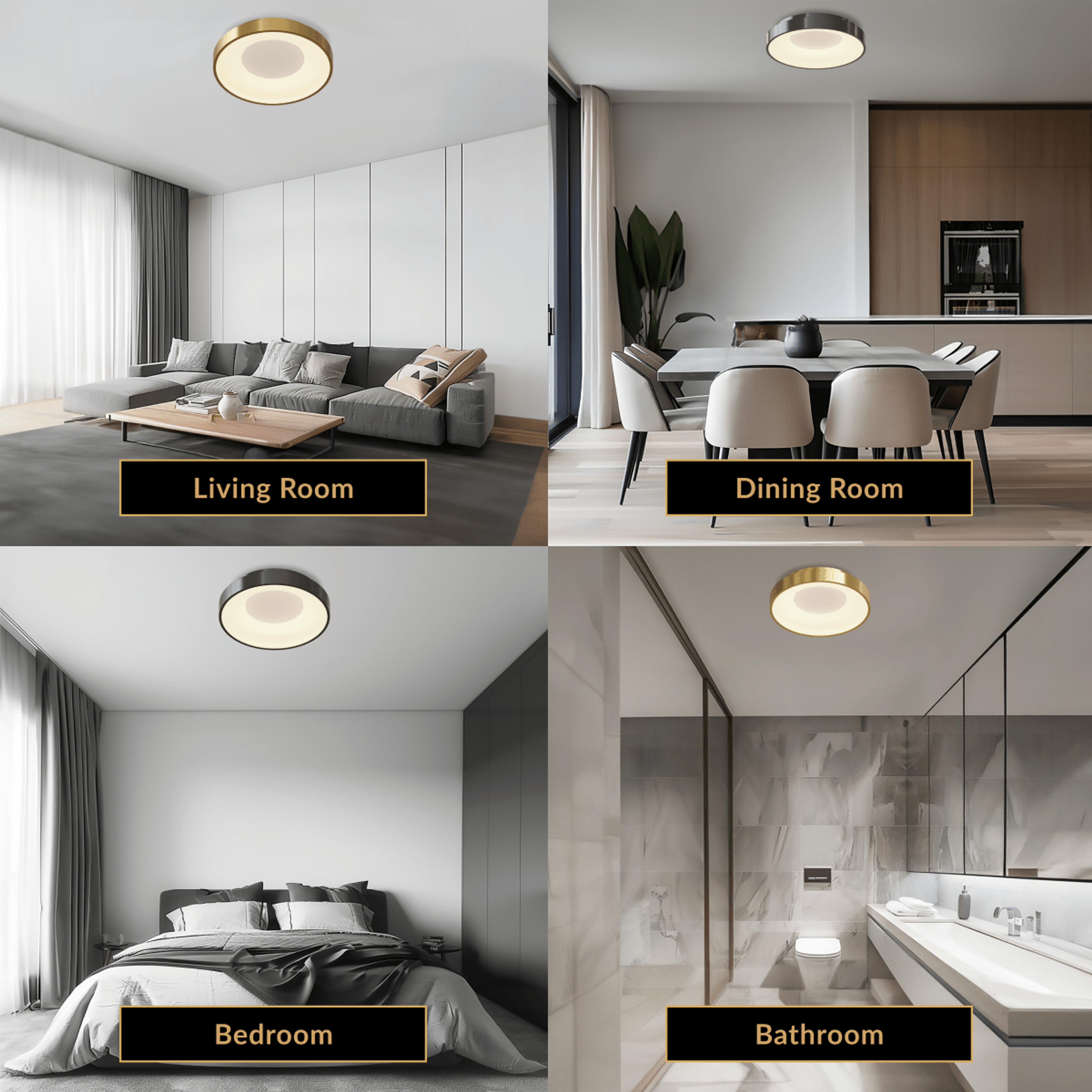 Bryce gold round flush-mount ceiling light shown in living room, dining room, bedroom and bathroom