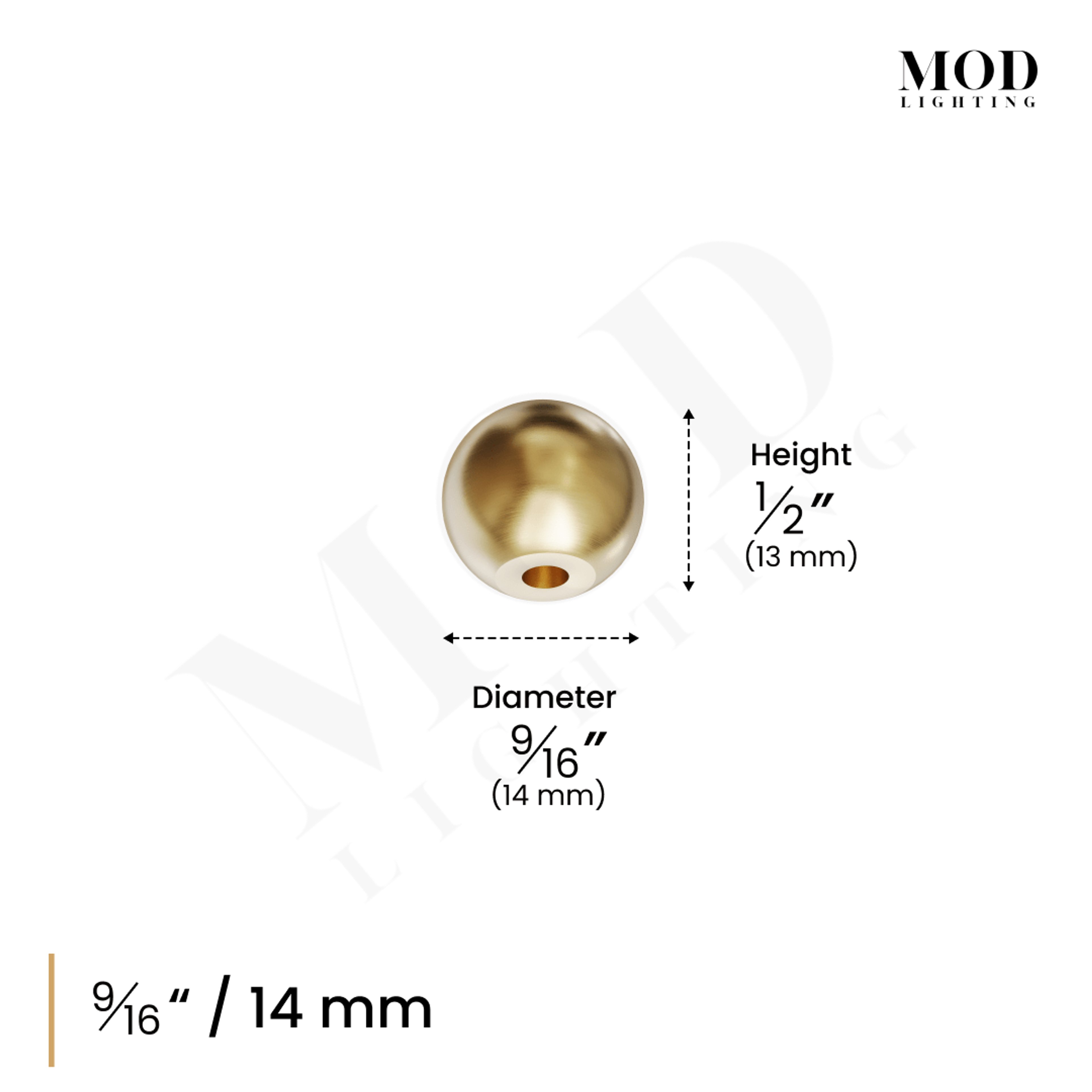 Rochelle brushed-gold spherical cabinet knob mounted on a white wood cabinet door