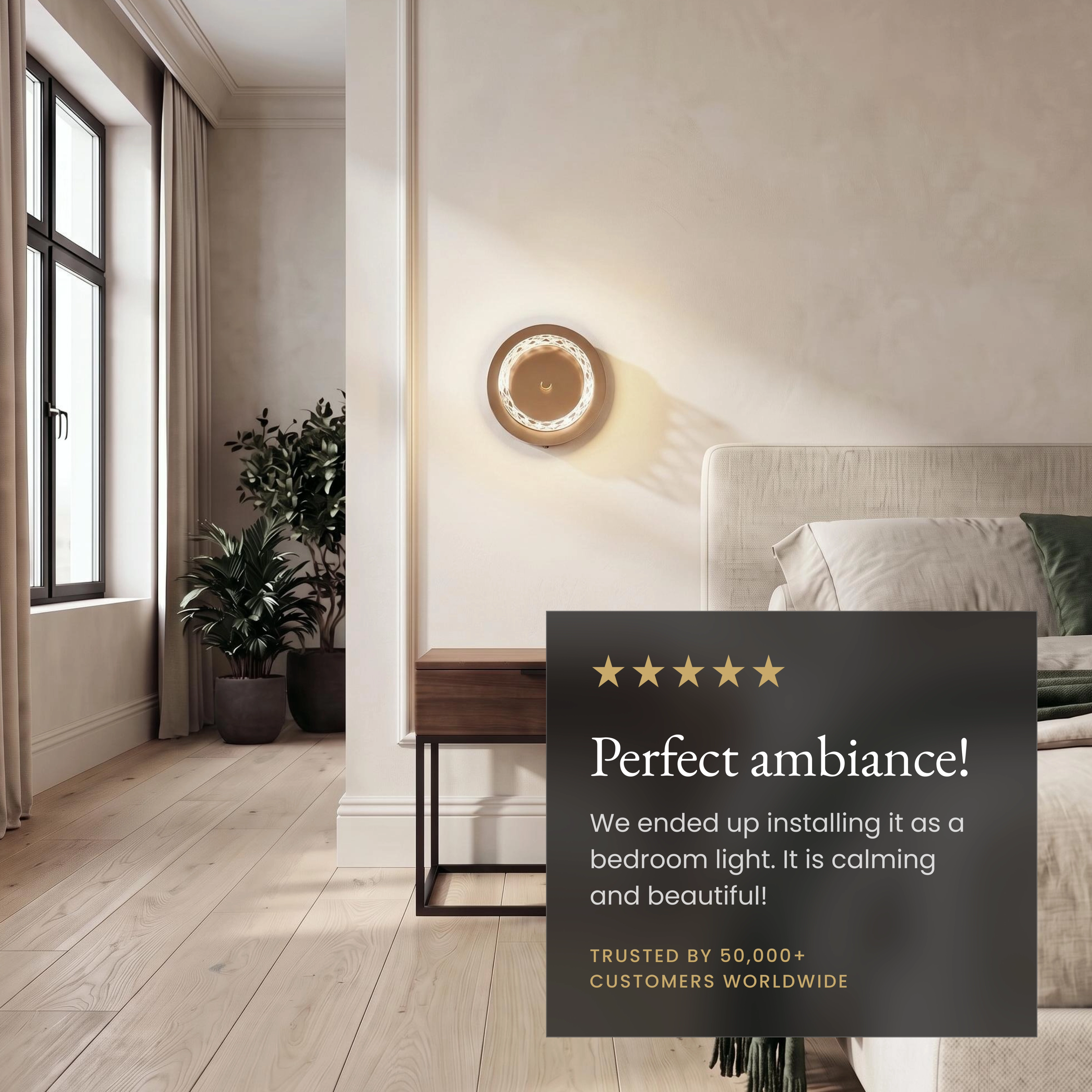 Emma round crystal-ring sconce, callouts noting dimmer-compatible, wall or ceiling mount and replaceable LED strip