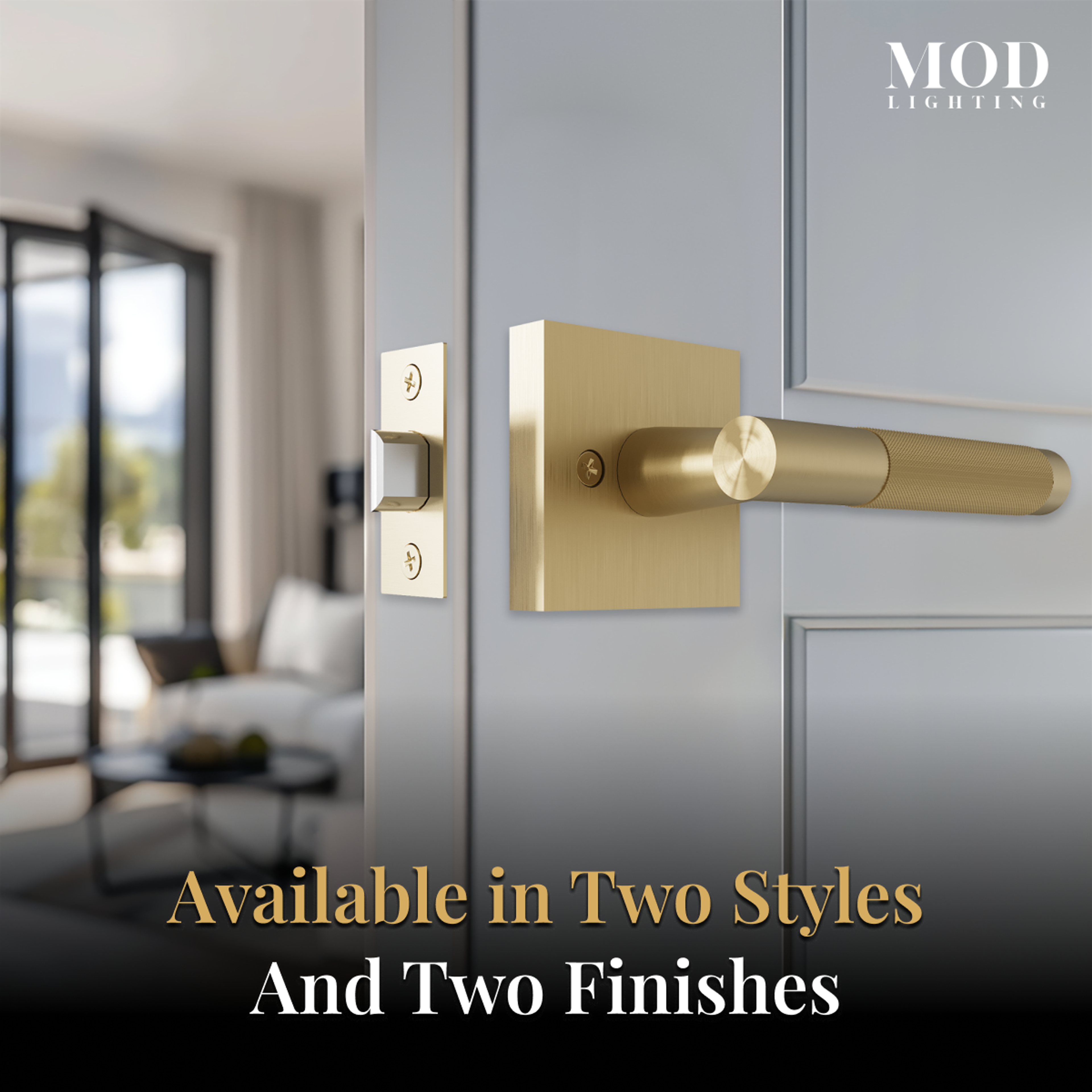 Belmont brushed-gold modern lever door handle on a pale grey door in a sunlit living room