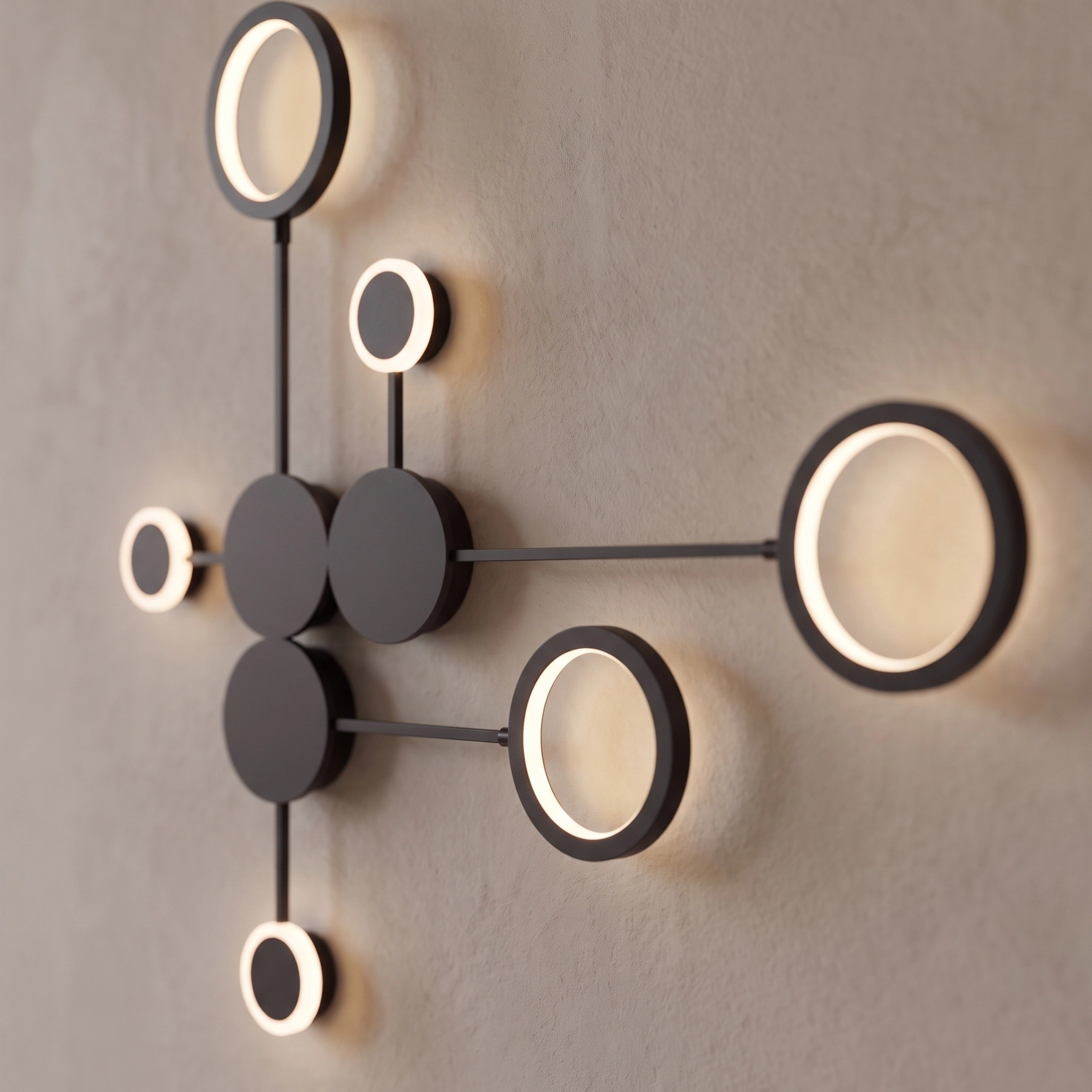 Link wall light Small dimension diagram, 3 discs, 26" length, 17" width, molecular layout