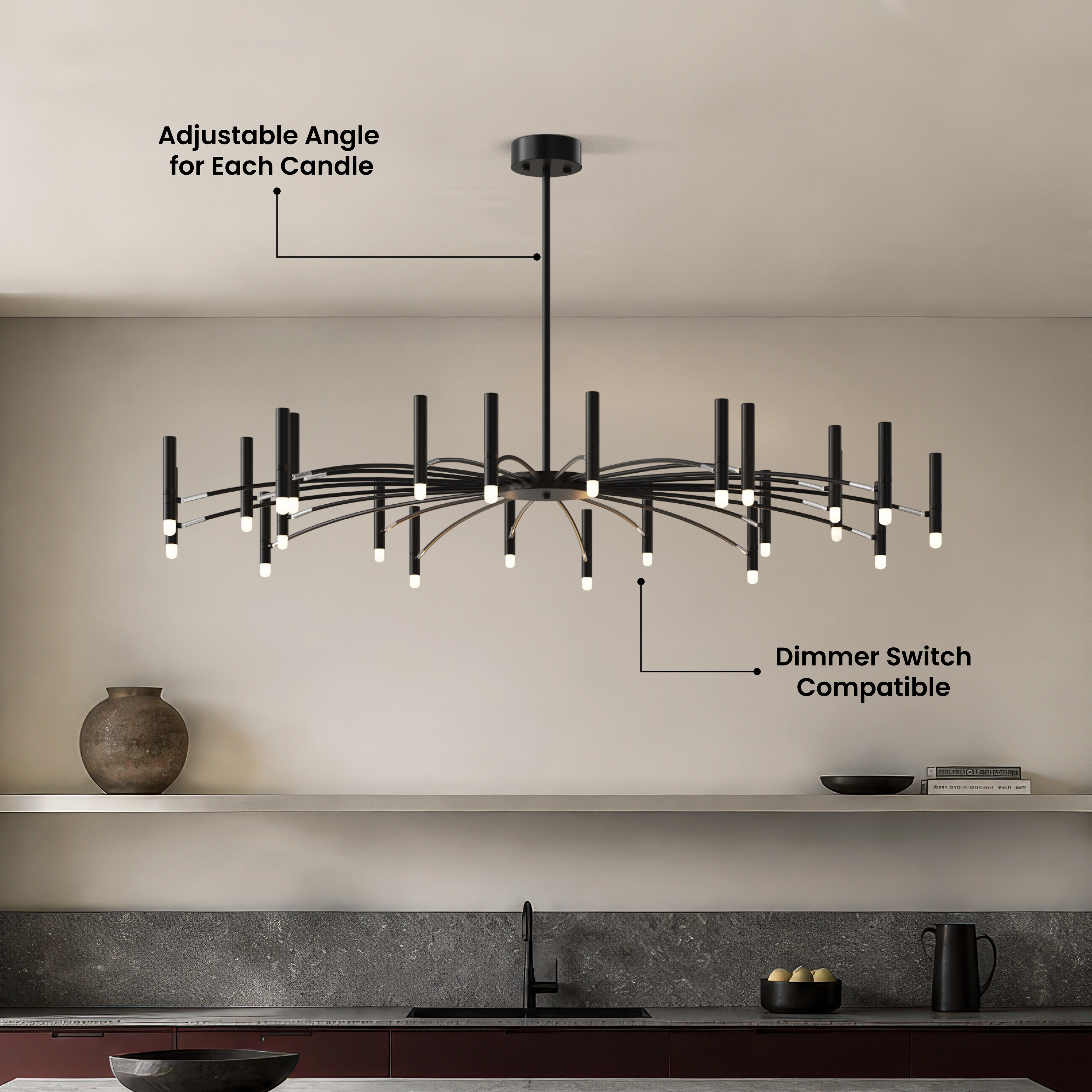 Kendall candle-style chandelier, black oval frame with radiating arms, warm white, in a dining room