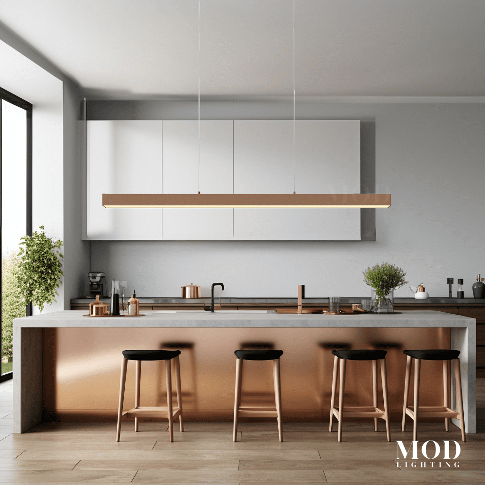 Luka linear wood-tone LED bar pendant over a kitchen island with stools