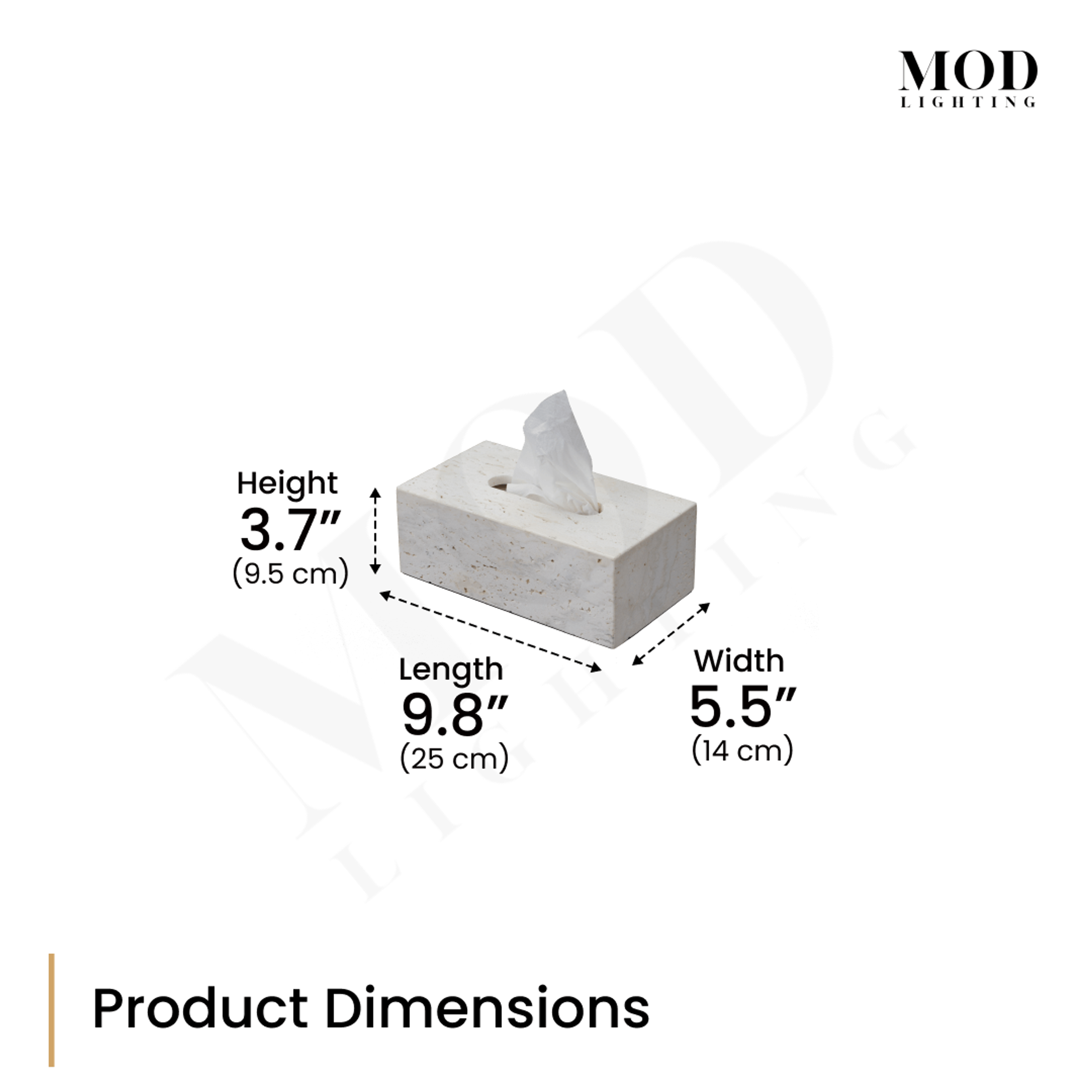 Alabaster Travertine tissue box dimension diagram: 3.7" (9.5 cm) height, 9.8" (25 cm) length, 5.5" (14 cm) width