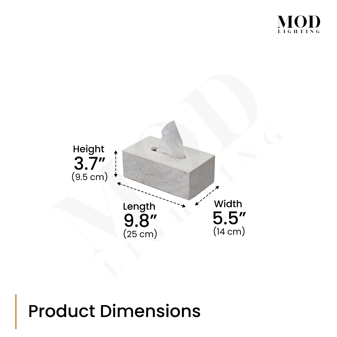 Alabaster Travertine tissue box dimension diagram: 3.7" (9.5 cm) height, 9.8" (25 cm) length, 5.5" (14 cm) width