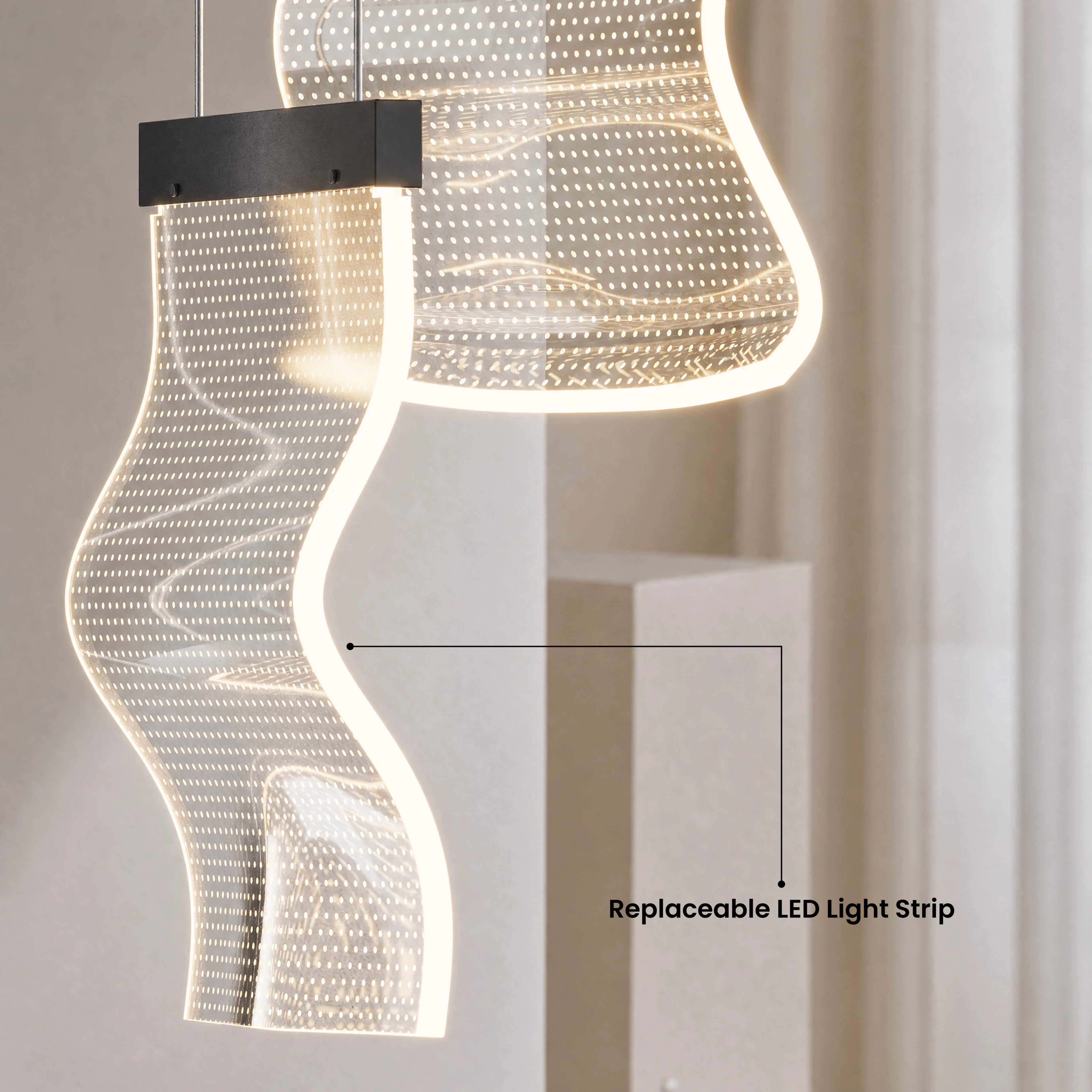 Helia chandelier of wavy ribbed glass panels down a staircase, seven sizes and two finishes available