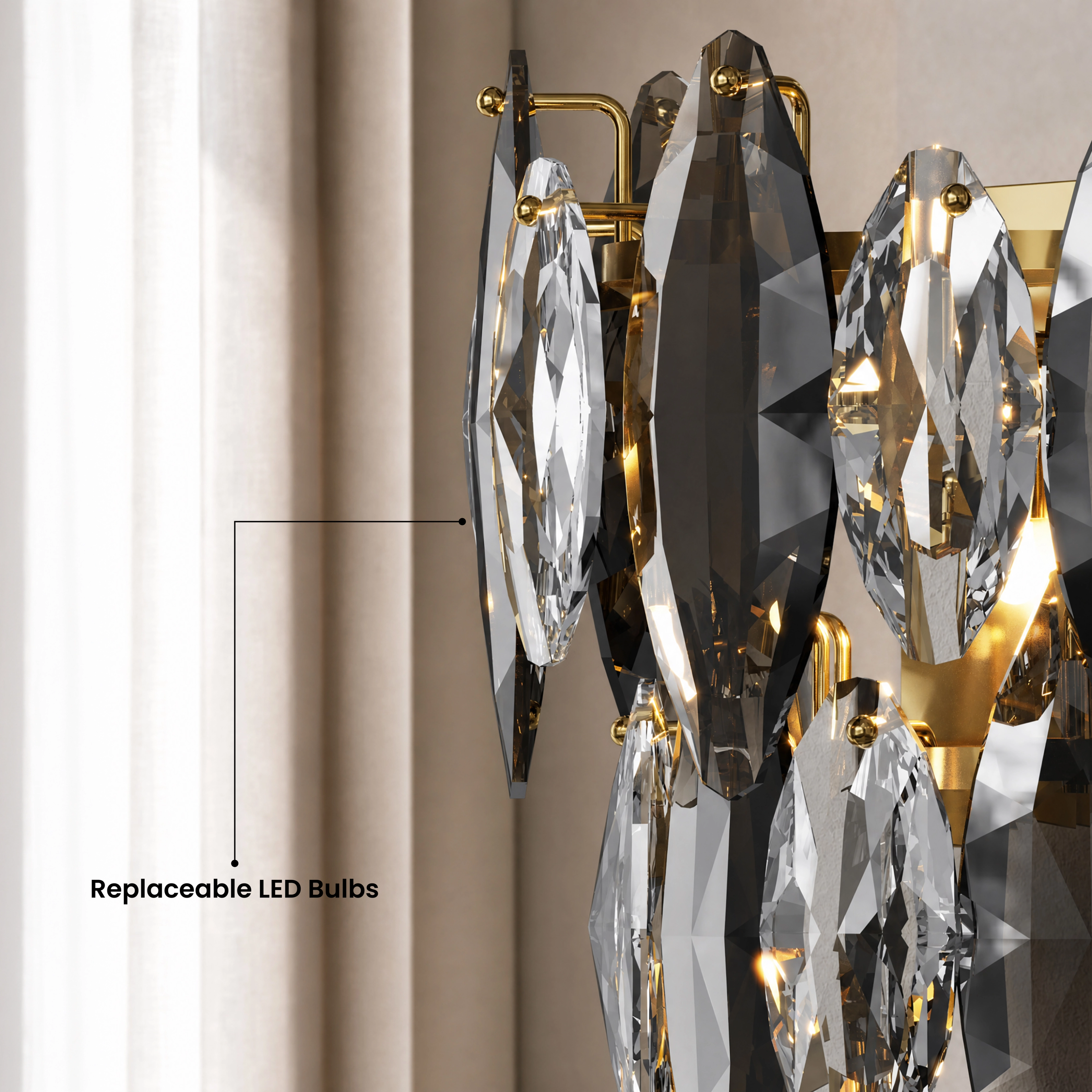 Celestial gold crystal wall sconces flanking artwork above a sofa in a beige living room, warm white 3000K
