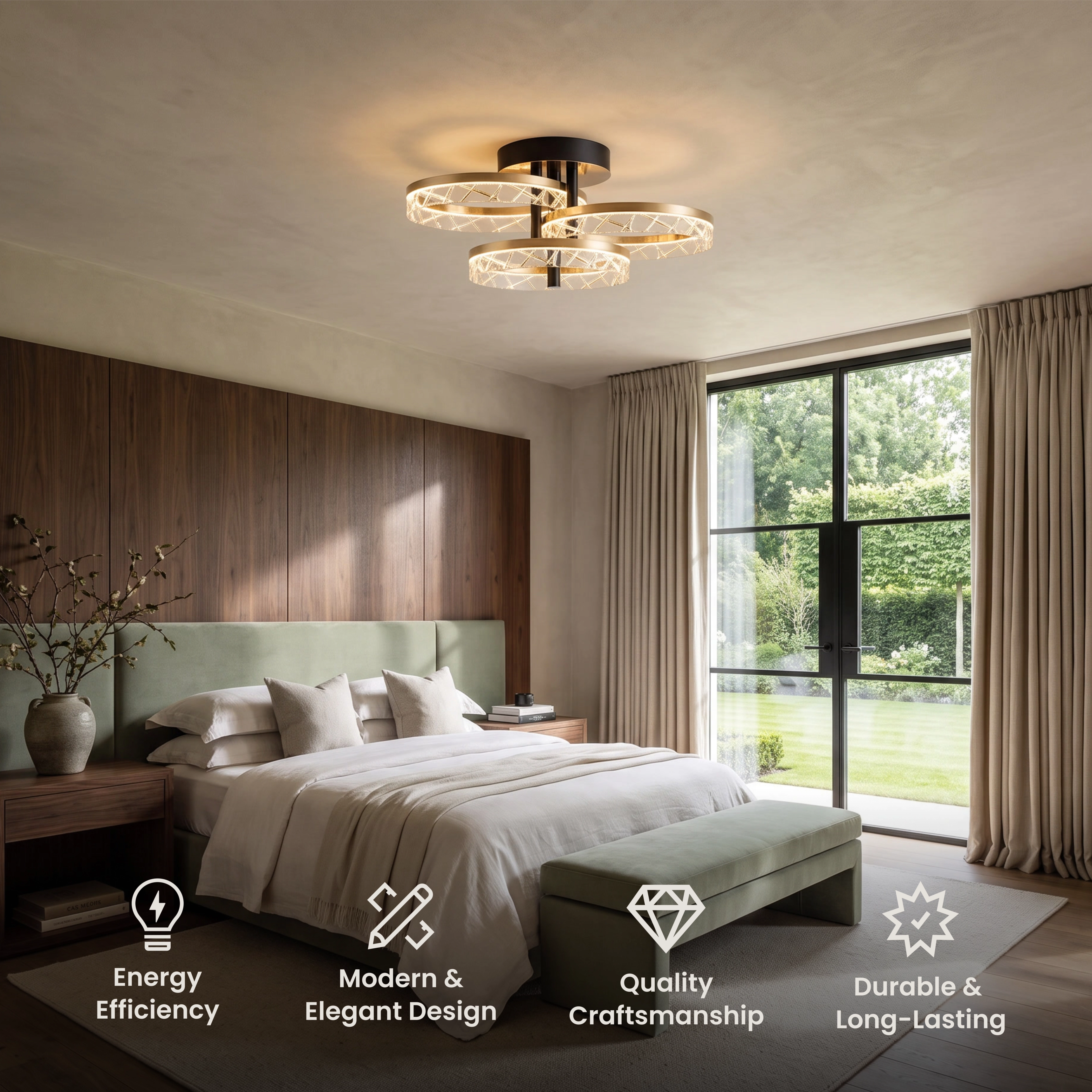 Clara Smart gold crystal ring ceiling light in a bedroom, with feature icons