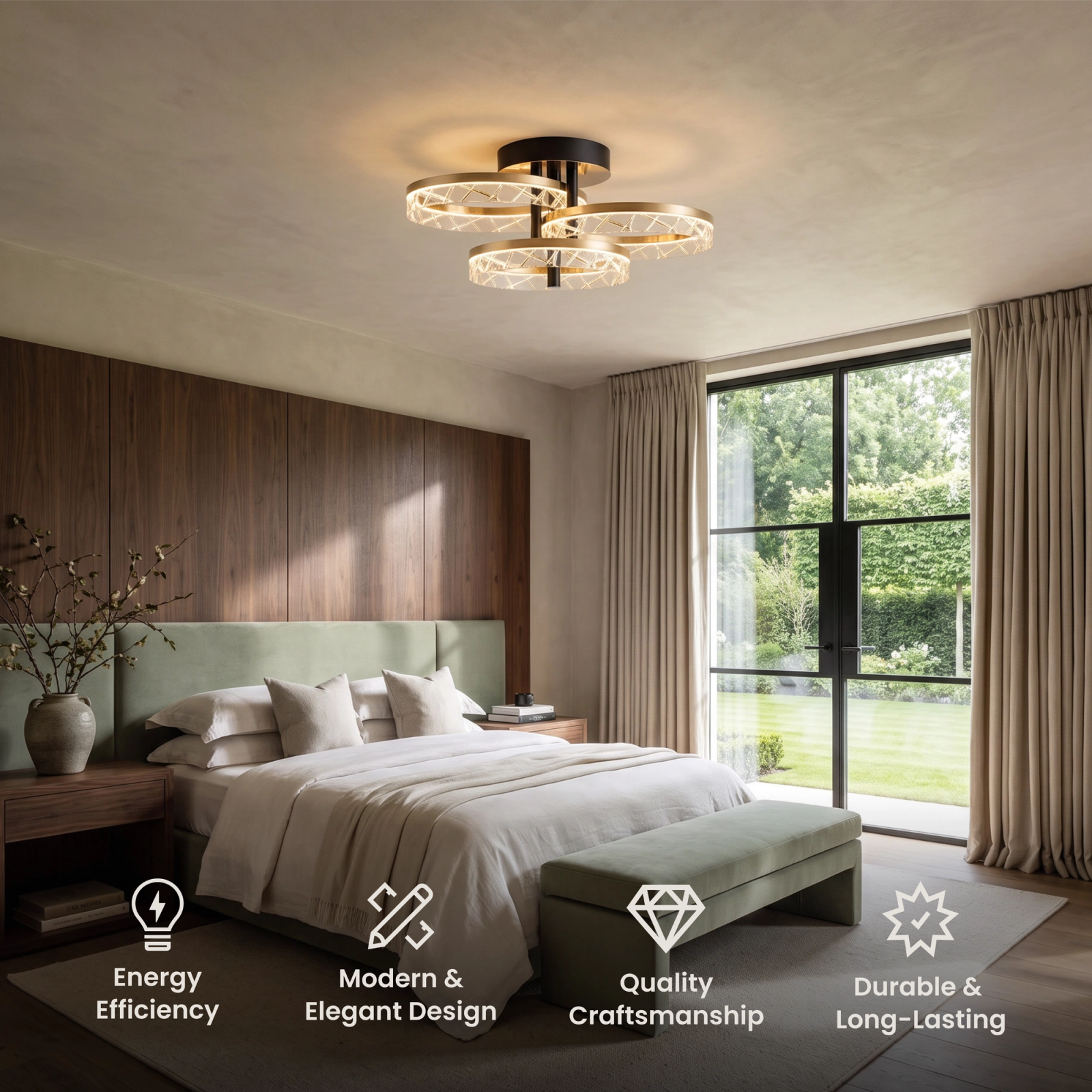 Clara Smart gold crystal ring ceiling light in a bedroom, with feature icons