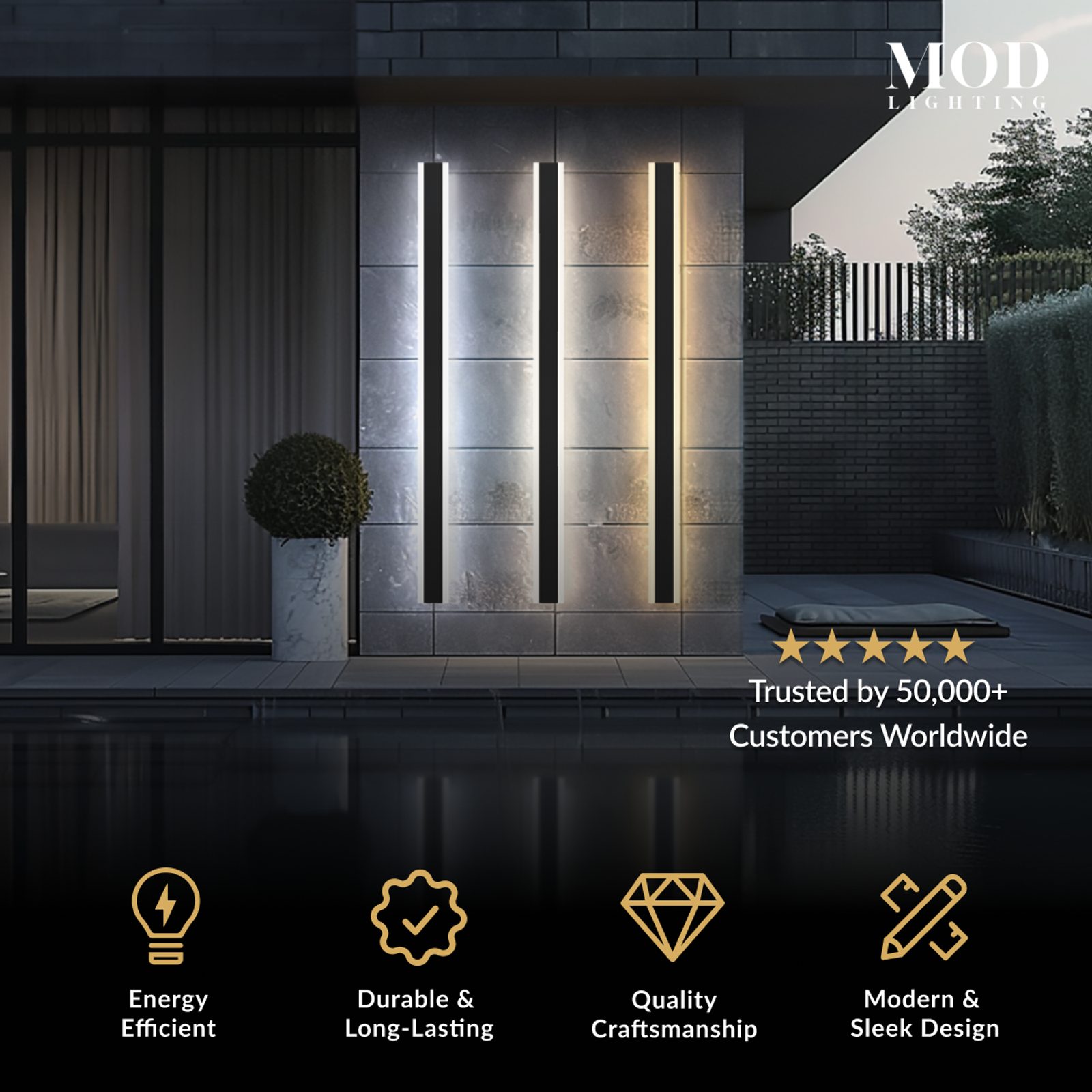 Haylen LED wall lights, tall black linear outdoor bars glowing along a stone facade at night