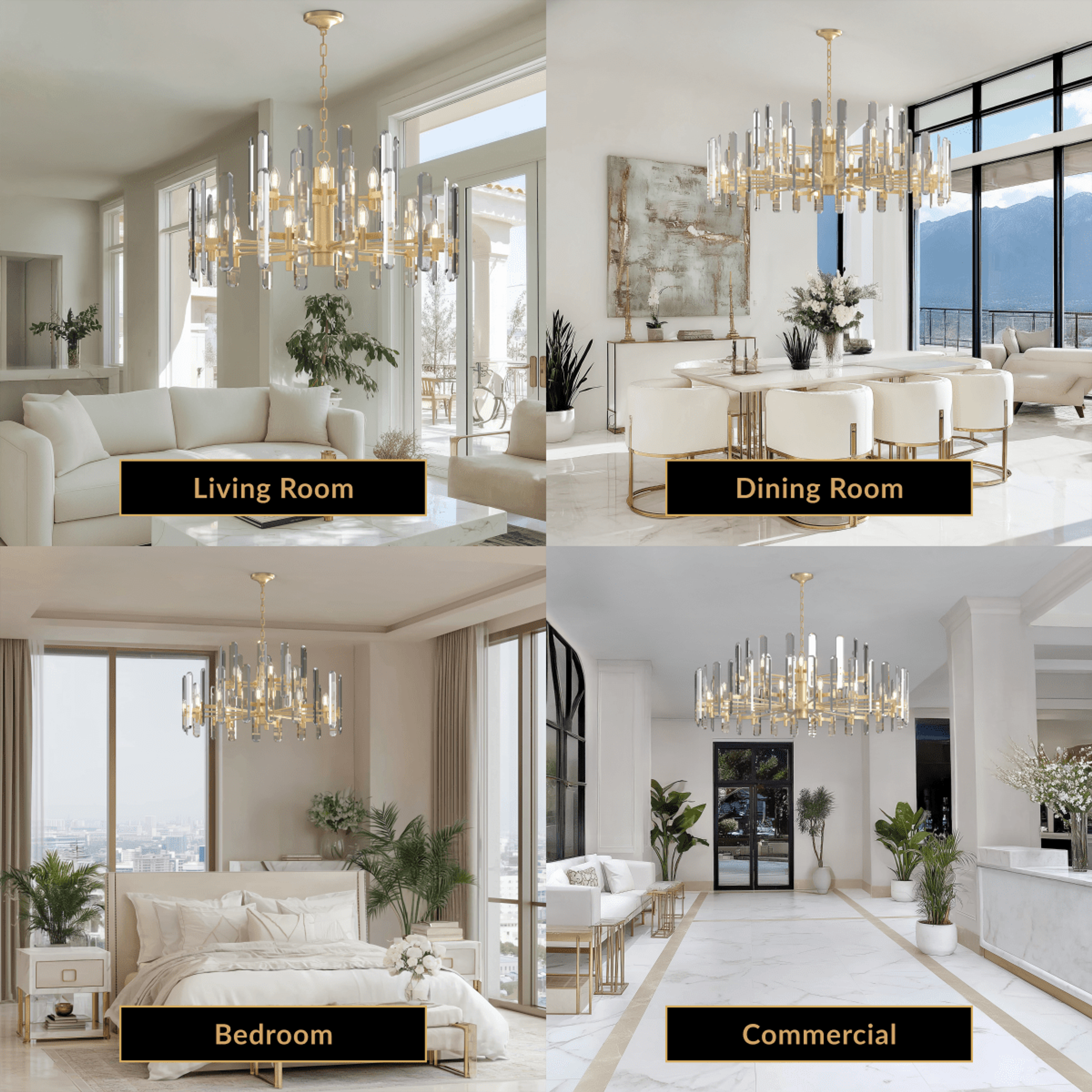 Prism brushed-gold drum chandelier with vertical faceted crystal bars, in living, dining, bedroom and commercial spaces