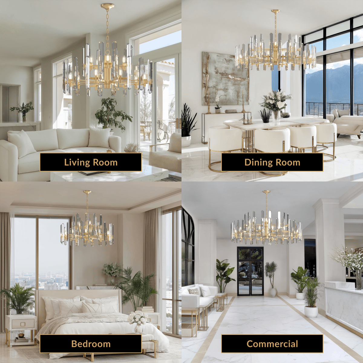 Prism brushed-gold drum chandelier with vertical faceted crystal bars, in living, dining, bedroom and commercial spaces