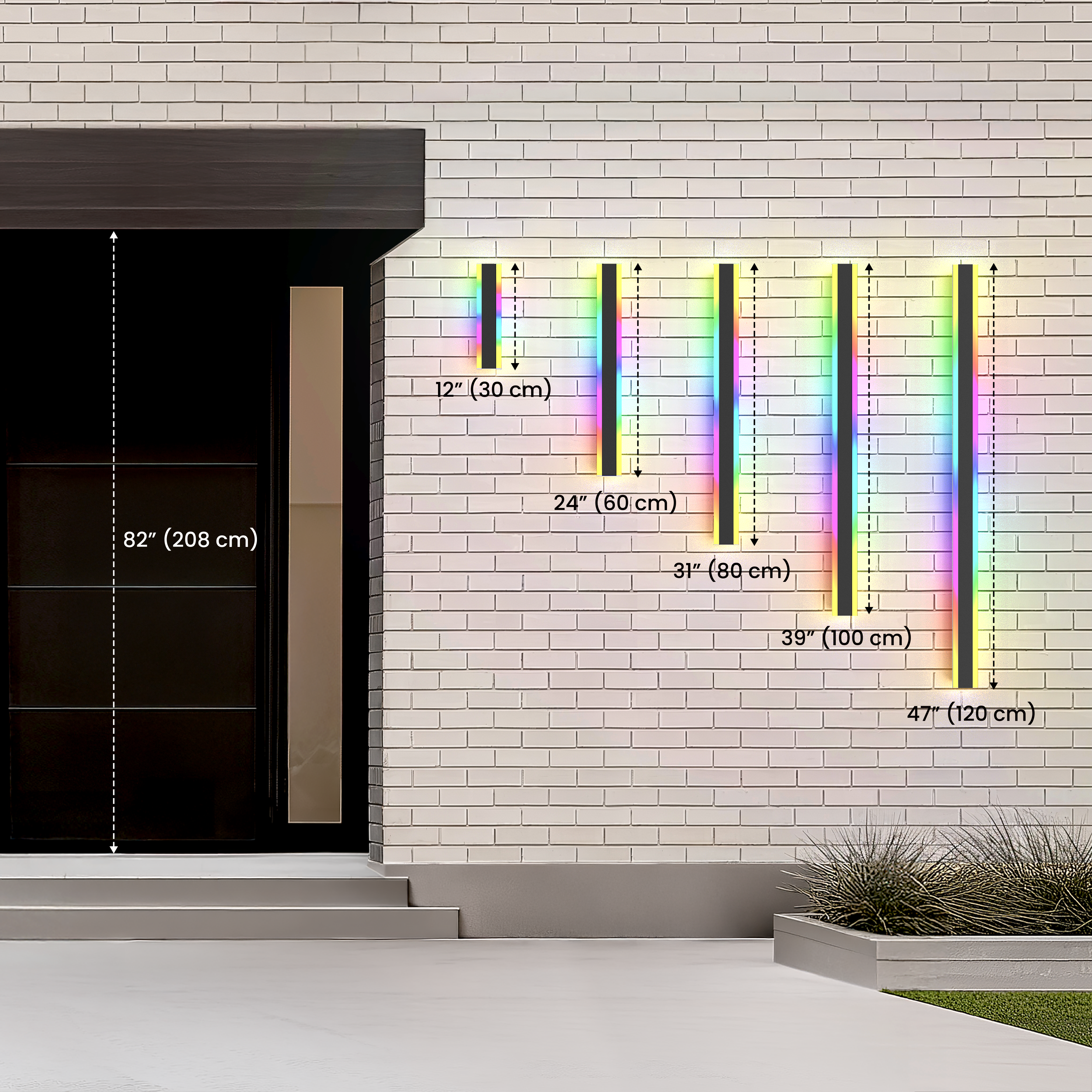 Haylen RGB wall lights on white brick, sizes 12, 24, 31 and 47 in against an 82 in door for scale