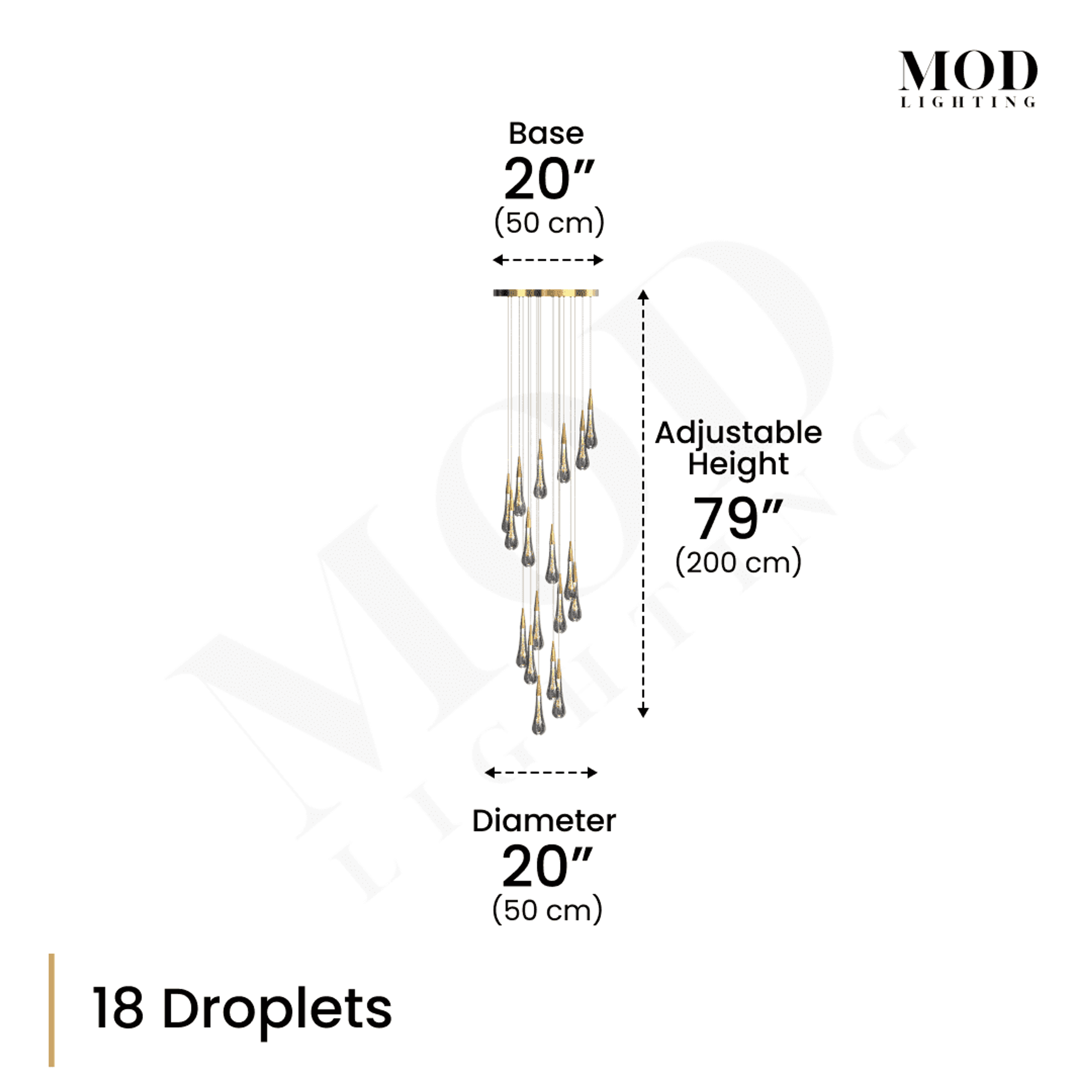 Indra dimension diagram, 18 spiral crystal droplets, 20" base and diameter, 79" adjustable height