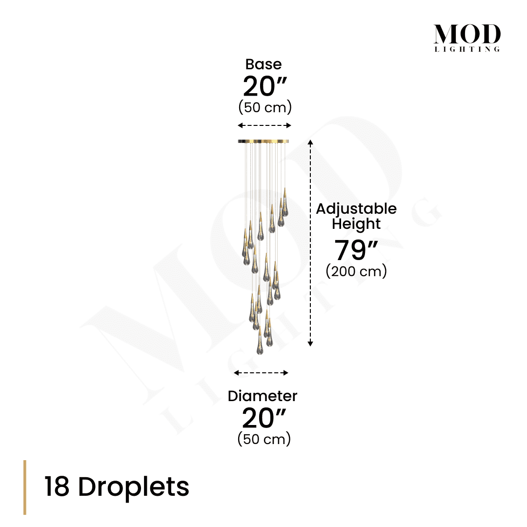Indra dimension diagram, 18 spiral crystal droplets, 20" base and diameter, 79" adjustable height