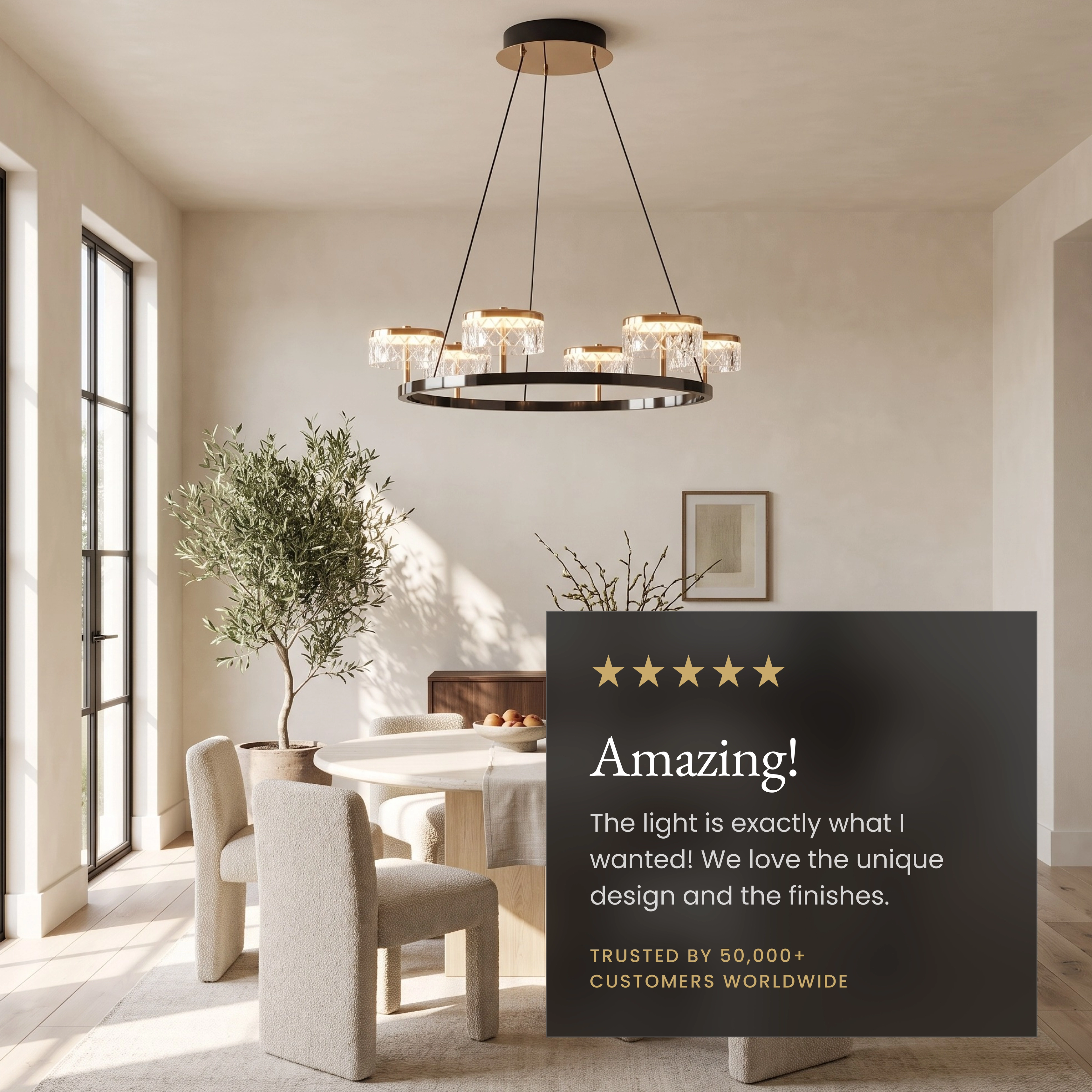 Emma chandelier over a bed, callouts noting dimmer-compatible, slanted-ceiling ready and adjustable hanging length