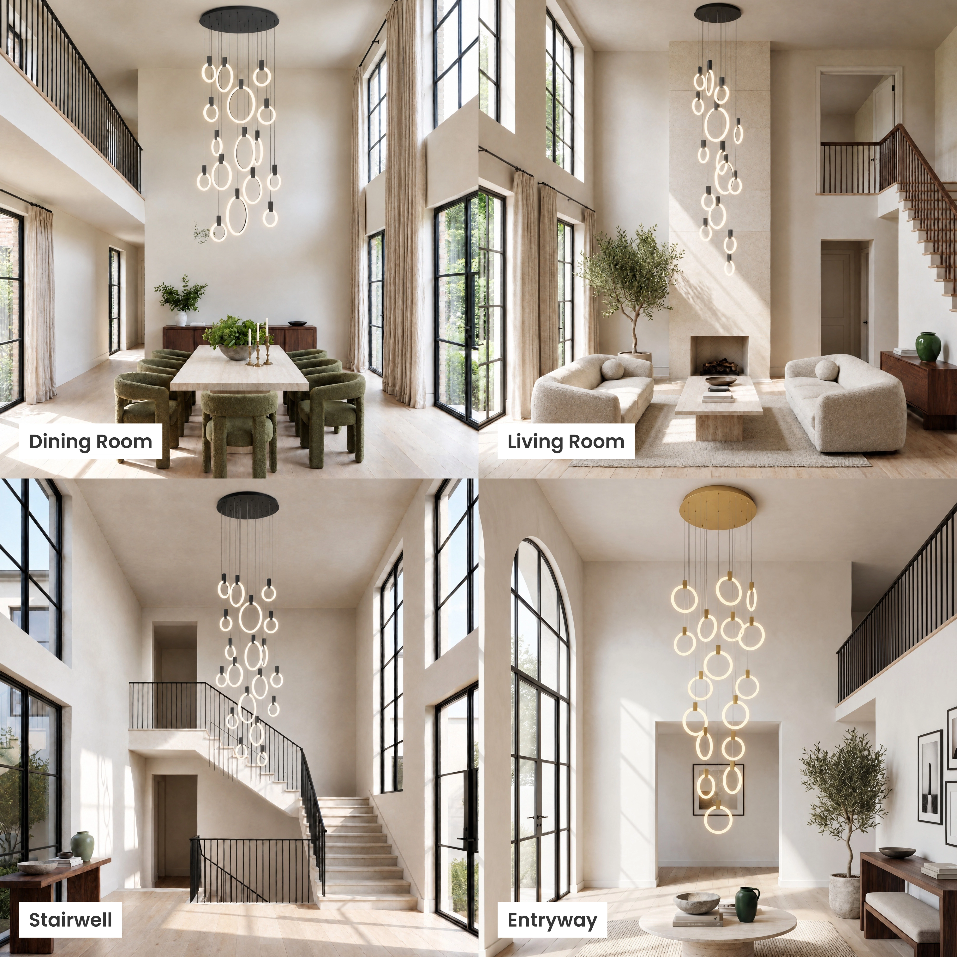 Skyla hanging chandelier, cascade of gold-ringed LED loops in a stairwell and double-height living space