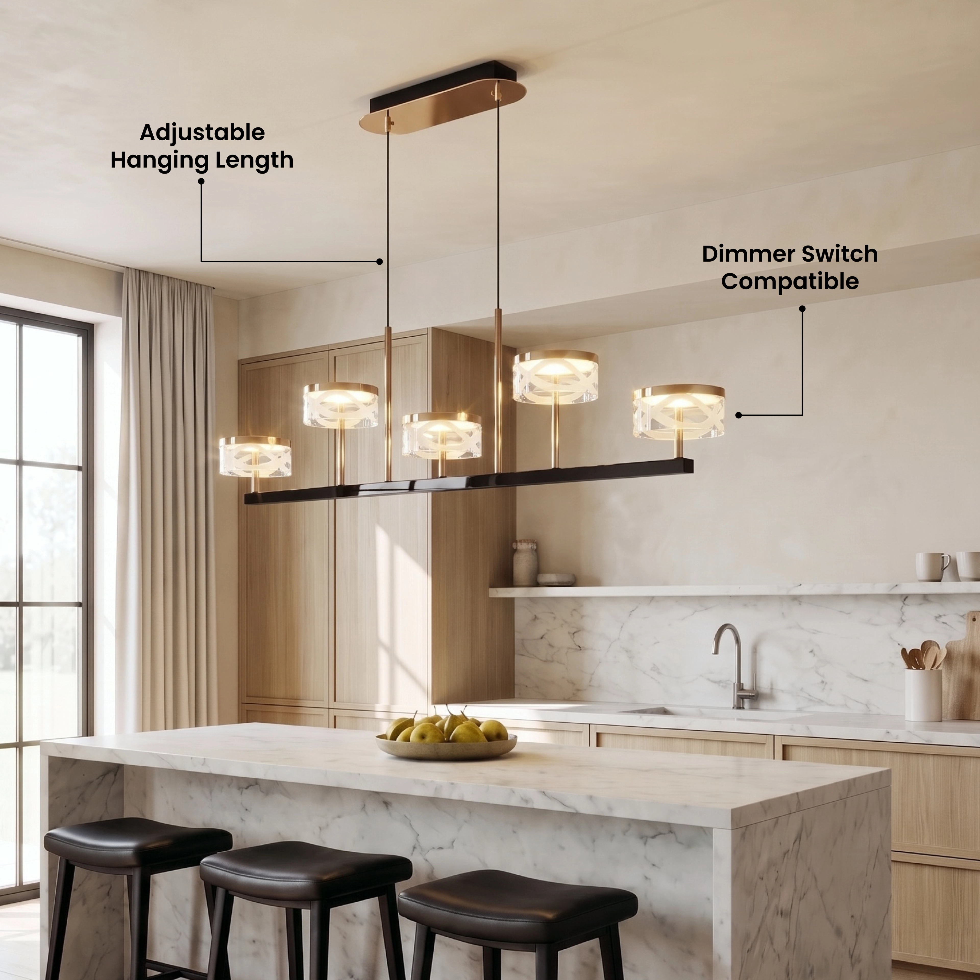 Emma five-light linear pendant over a kitchen island, with a five-star customer review overlay