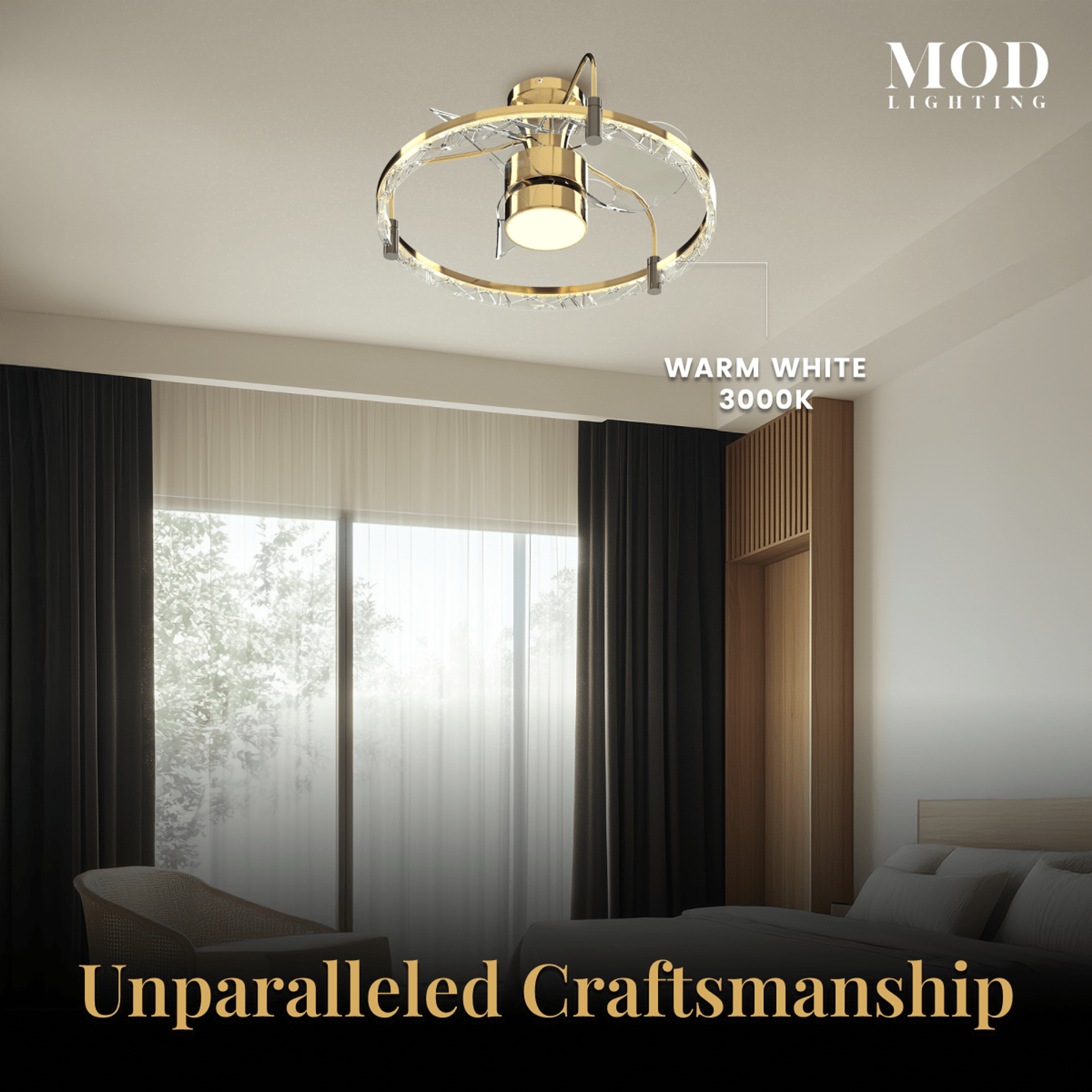 Velora gold ceiling fan light, circular crystal-lined ring with clear blades, in a curtained bedroom