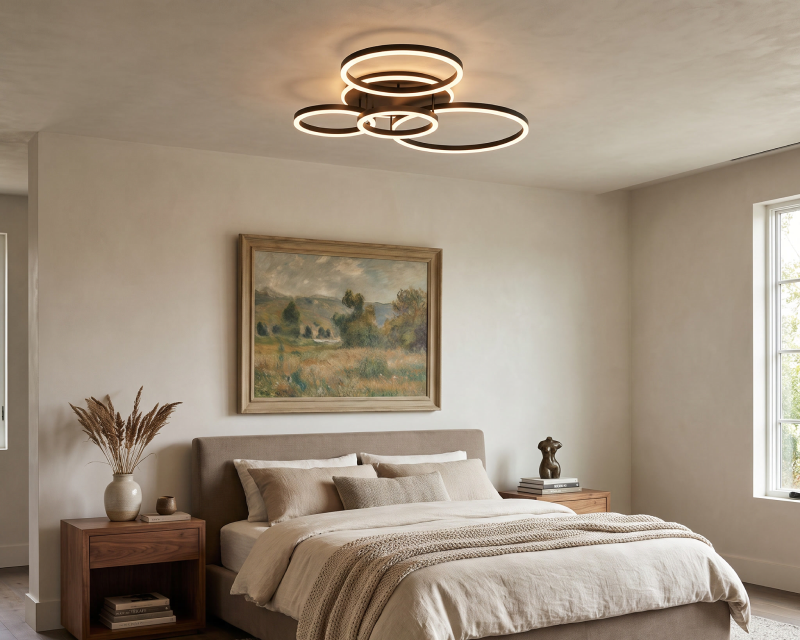 Bryce flush ceiling light, brass, over a bed