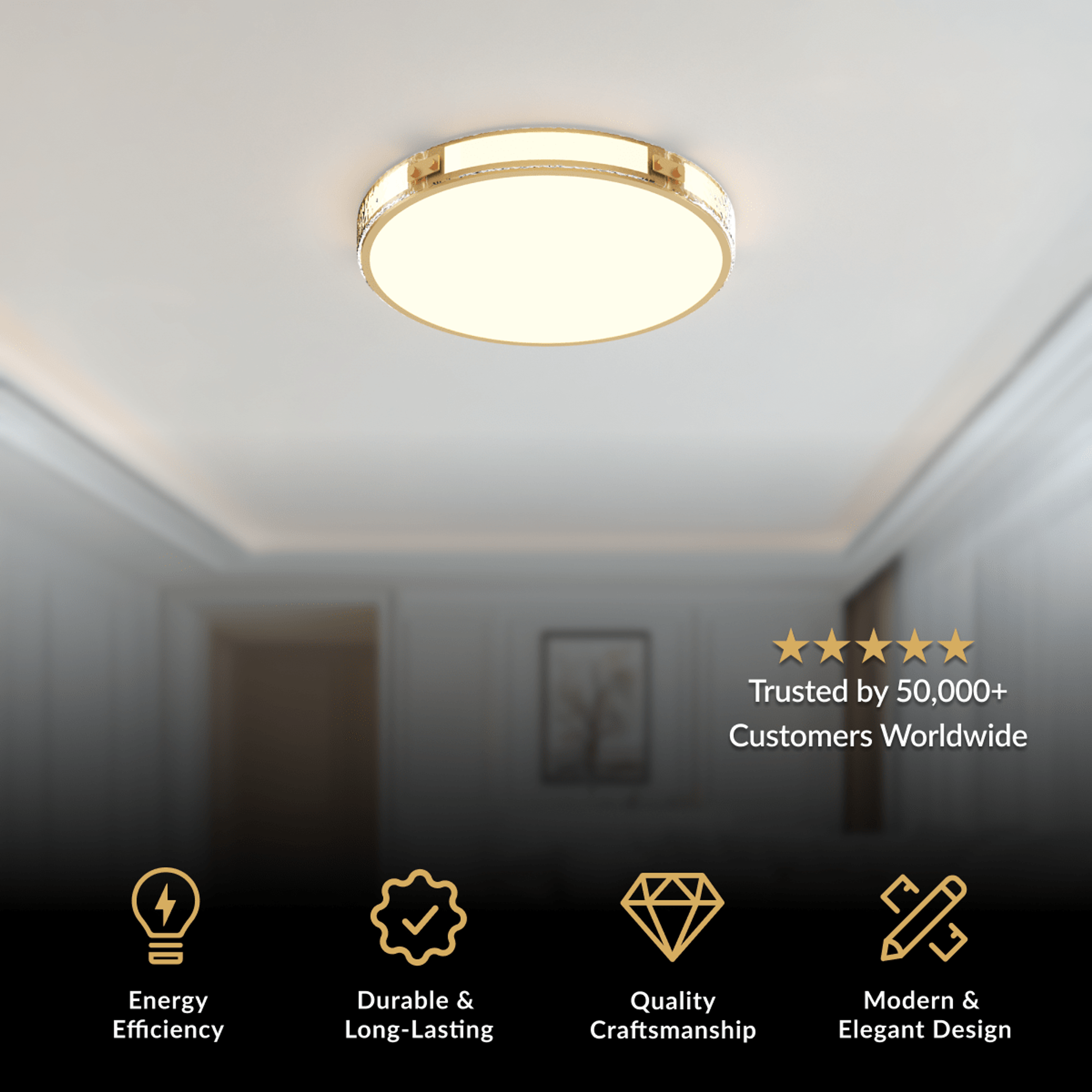 Orielle ceiling light, low-profile round brushed gold flush mount with faceted crystal band
