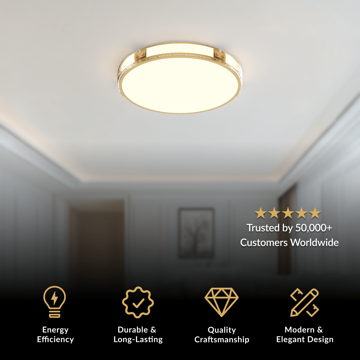 Orielle ceiling light, low-profile round brushed gold flush mount with faceted crystal band