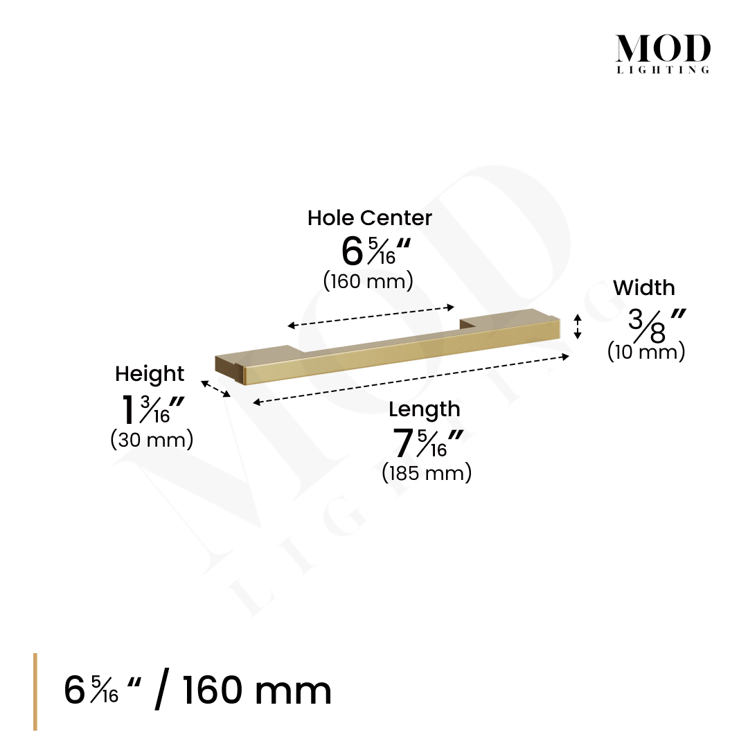 Maddison cabinet pull dimension diagram, 6 5/16-inch/160 mm hole center, length 7 5/16 in, width 3/8 in, height 1 3/16 in