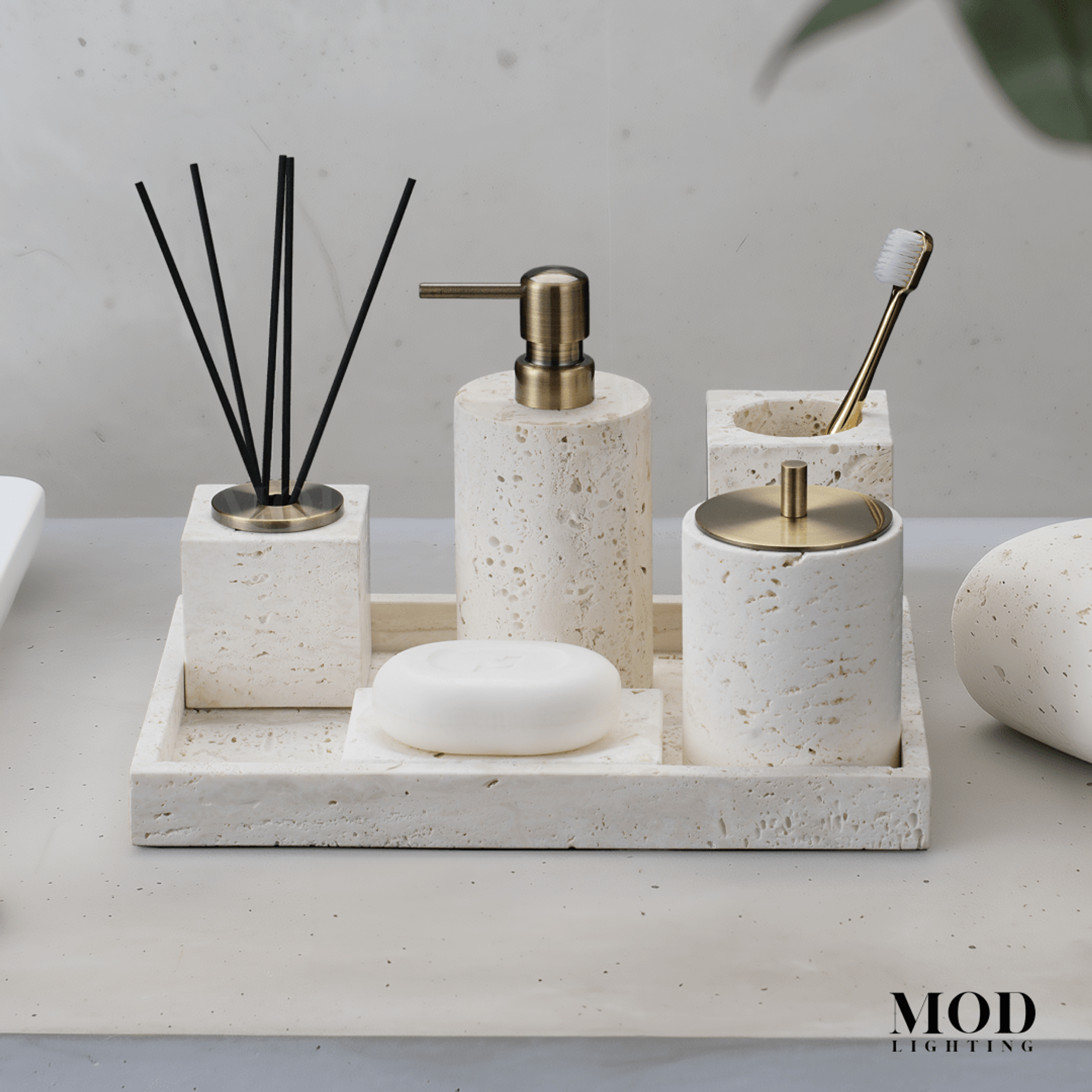 Alabaster Travertine Stone Bath Set in cream stone with soap pump, holders and tray