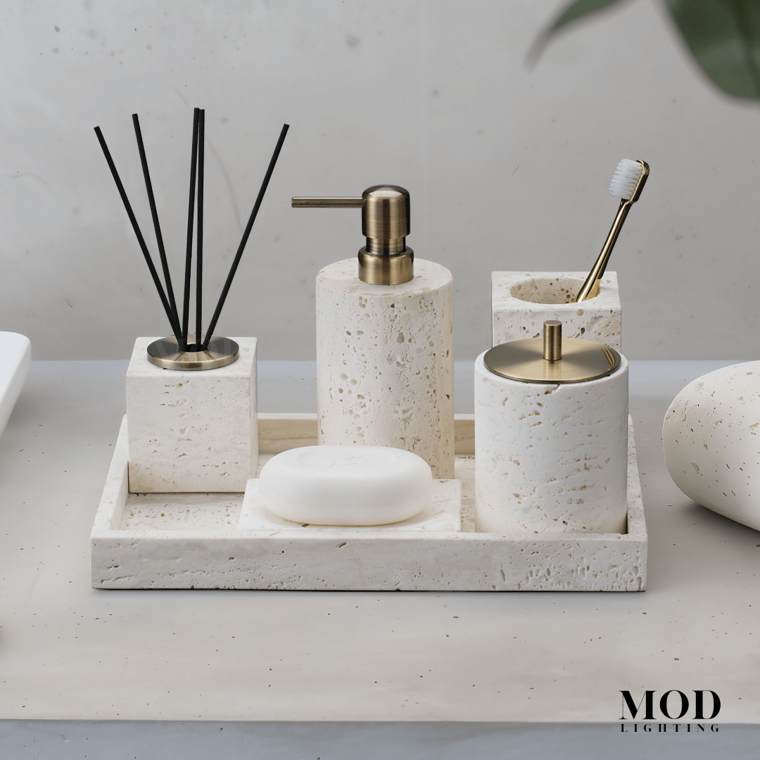 Alabaster Travertine Stone Bath Set in cream stone with soap pump, holders and tray