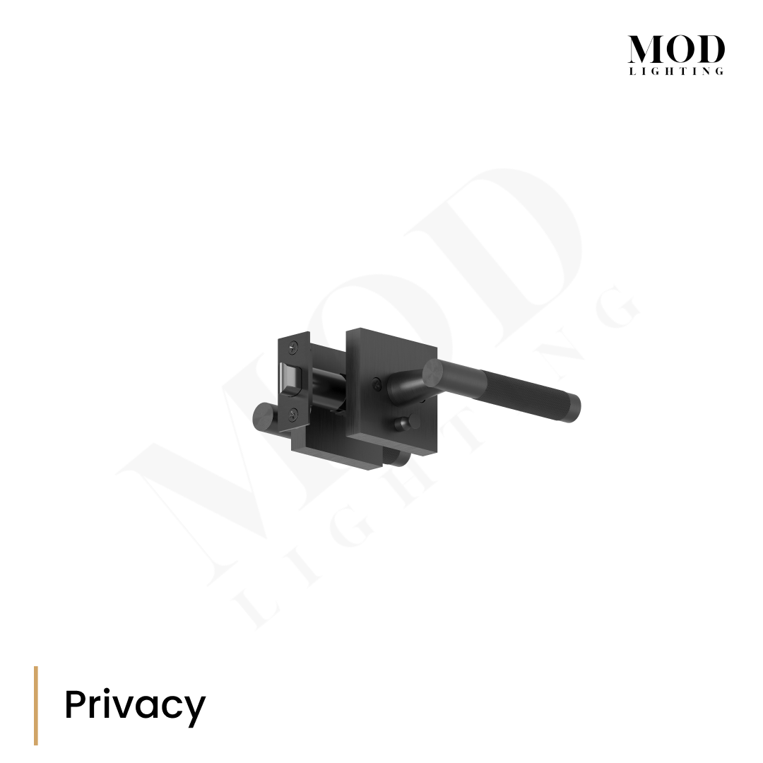 Modern Door Handle in matte black, privacy latch set with locking button, square rose and lever
